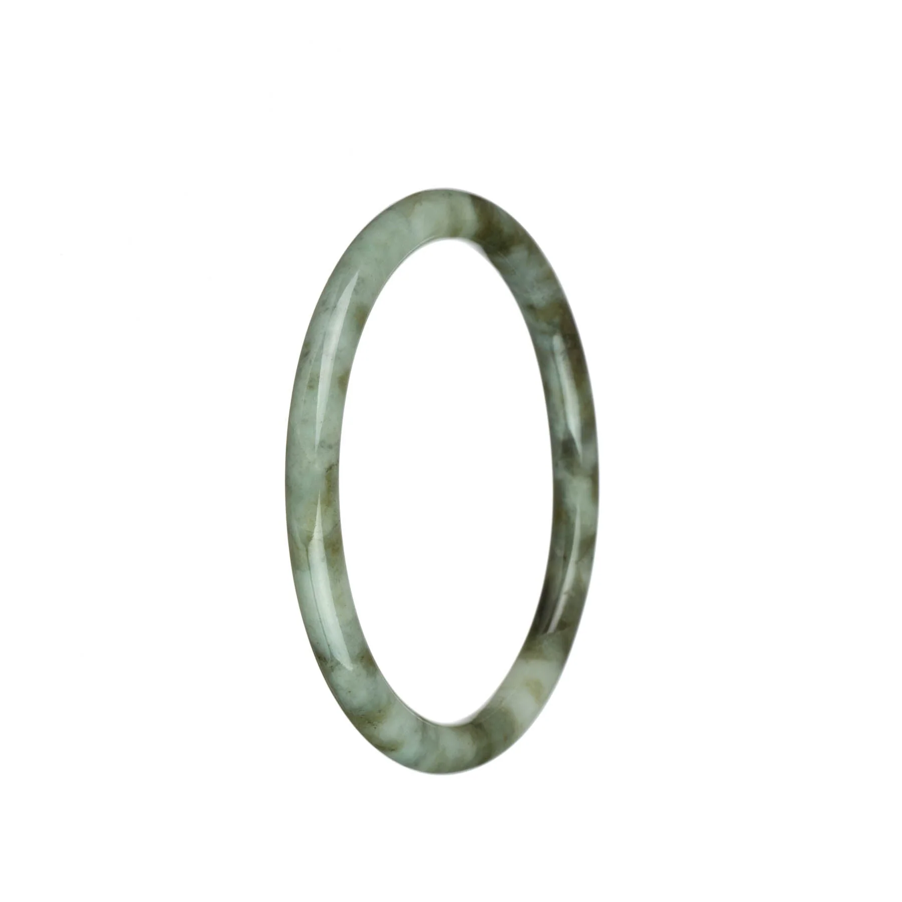 Certified Untreated White with Olive Green Patterns Traditional Jade Bangle - 62mm Petite Round - Image 2
