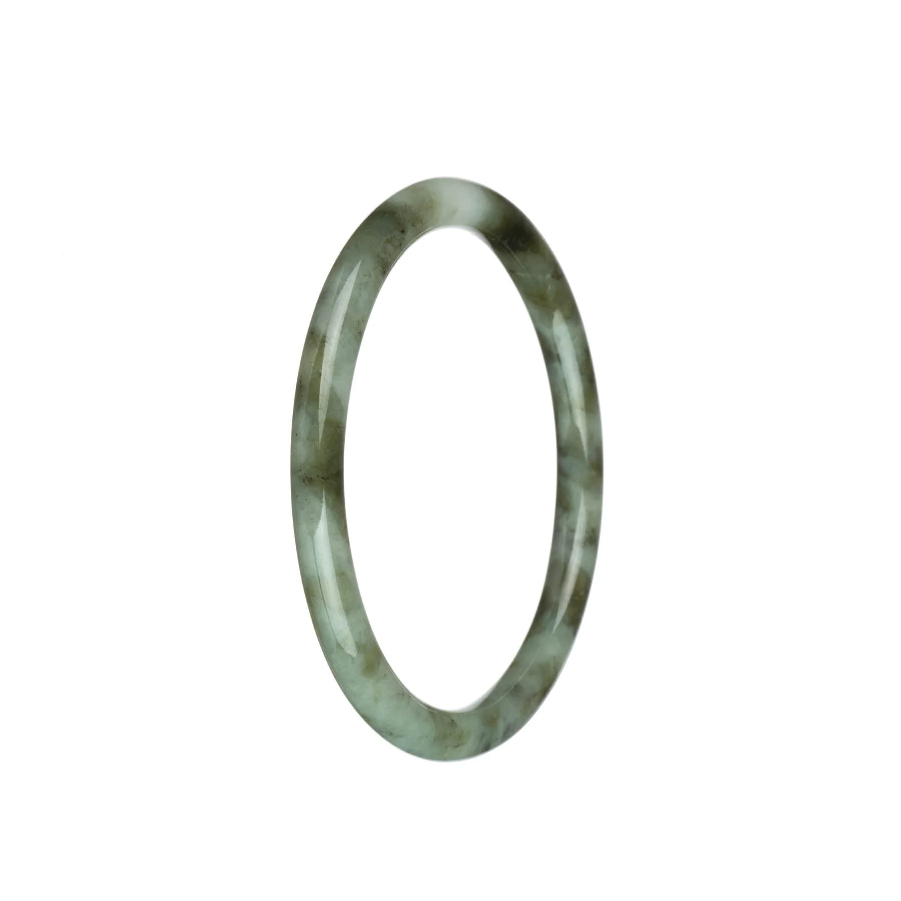 Certified Untreated White with Olive Green Patterns Traditional Jade Bangle - 62mm Petite Round - Image 3
