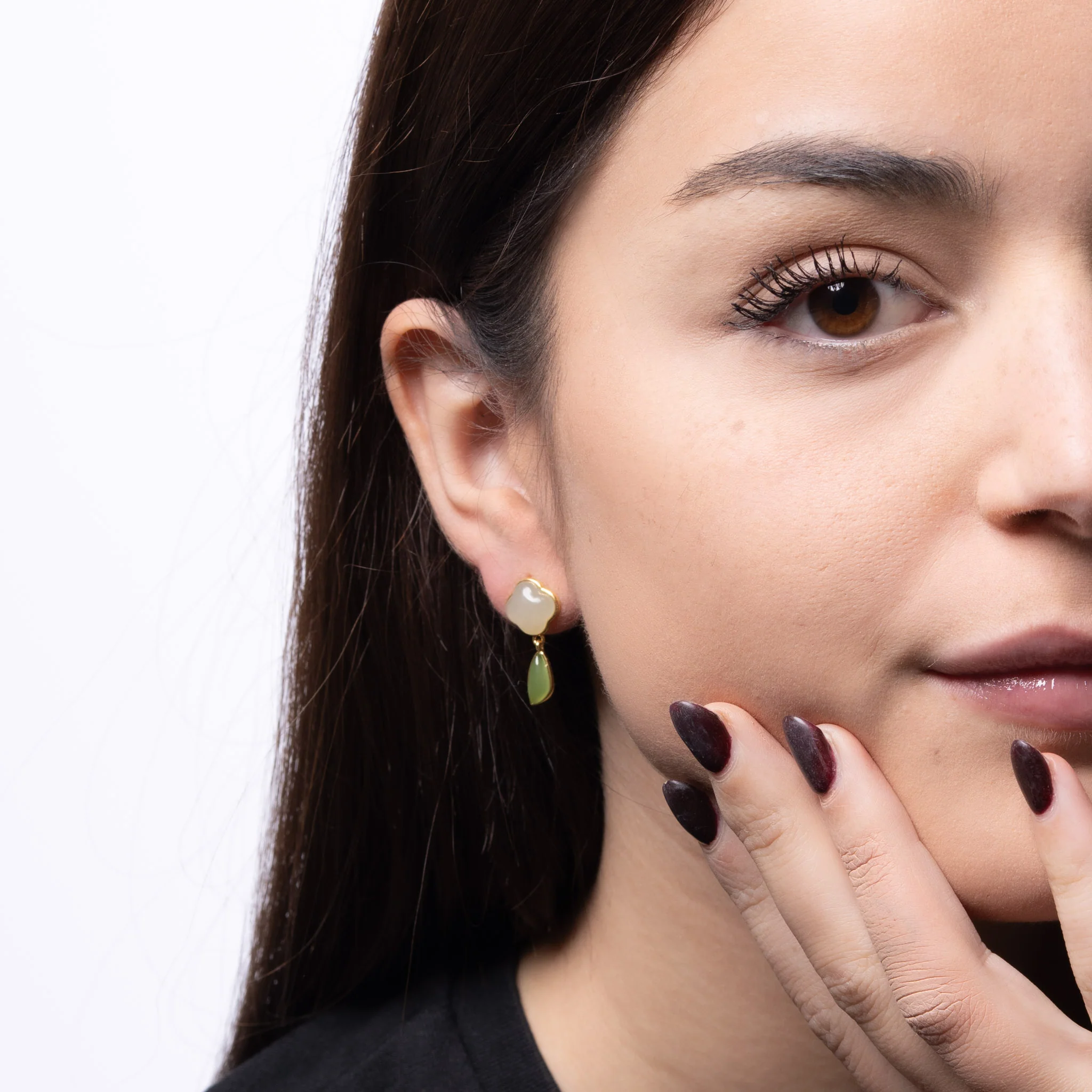 Clover Jade Blossom – Gold Vermeil Earrings with White Jade Clover Studs and Green Jade Drops - Image 3