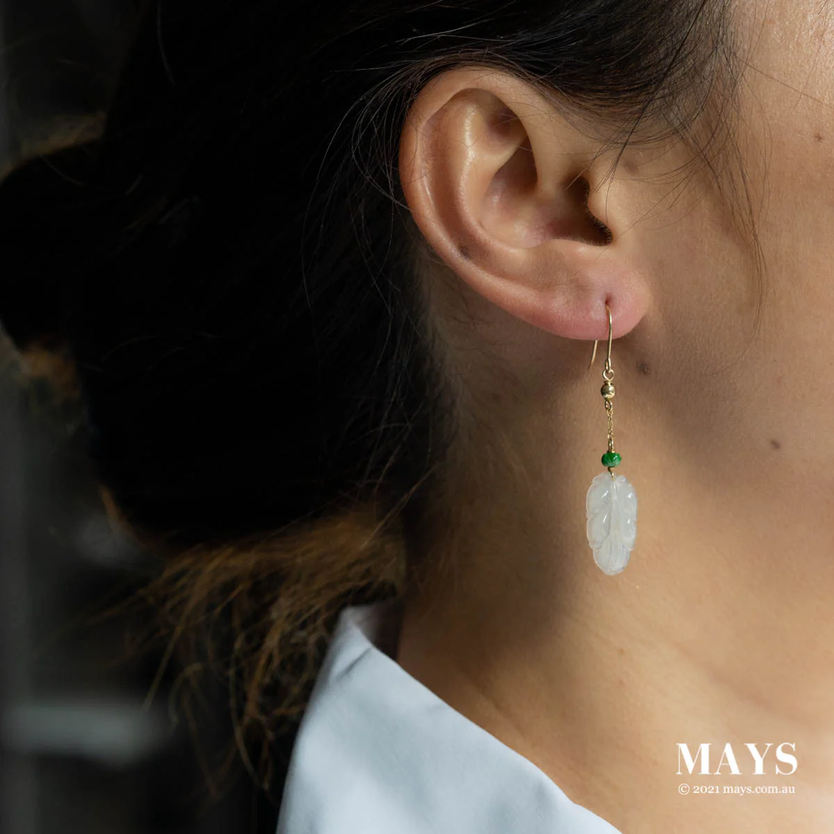 Icy White Jade Gold Drop Earrings - Image 2