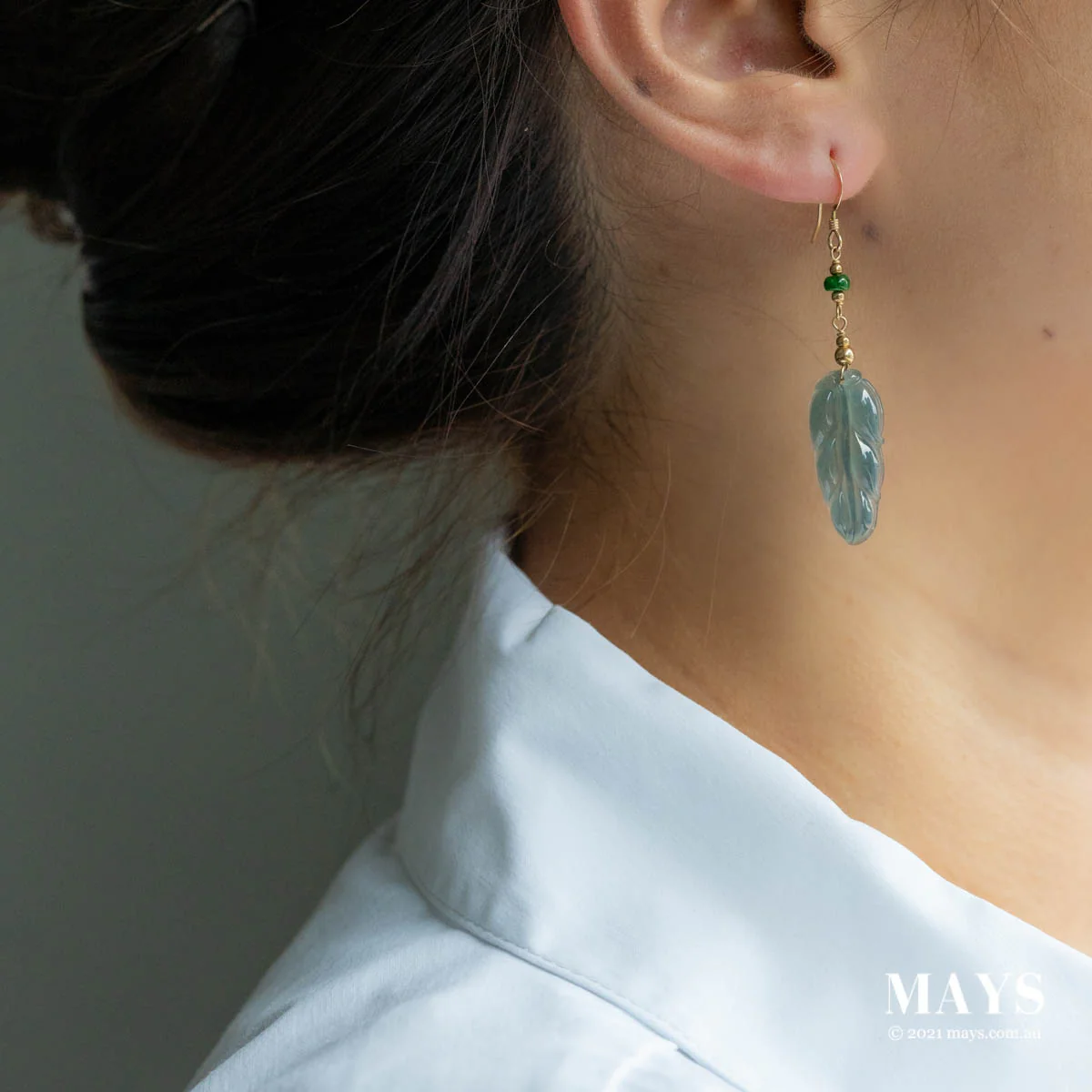 Icy Bluish Green Jade Gold Drop Earrings - Image 2