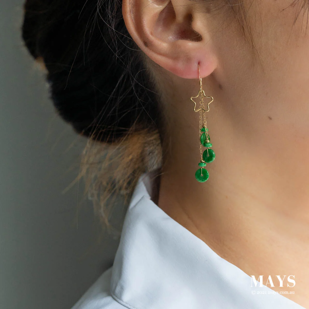 Emerald Green Jade Gold Drop Earrings - Image 2