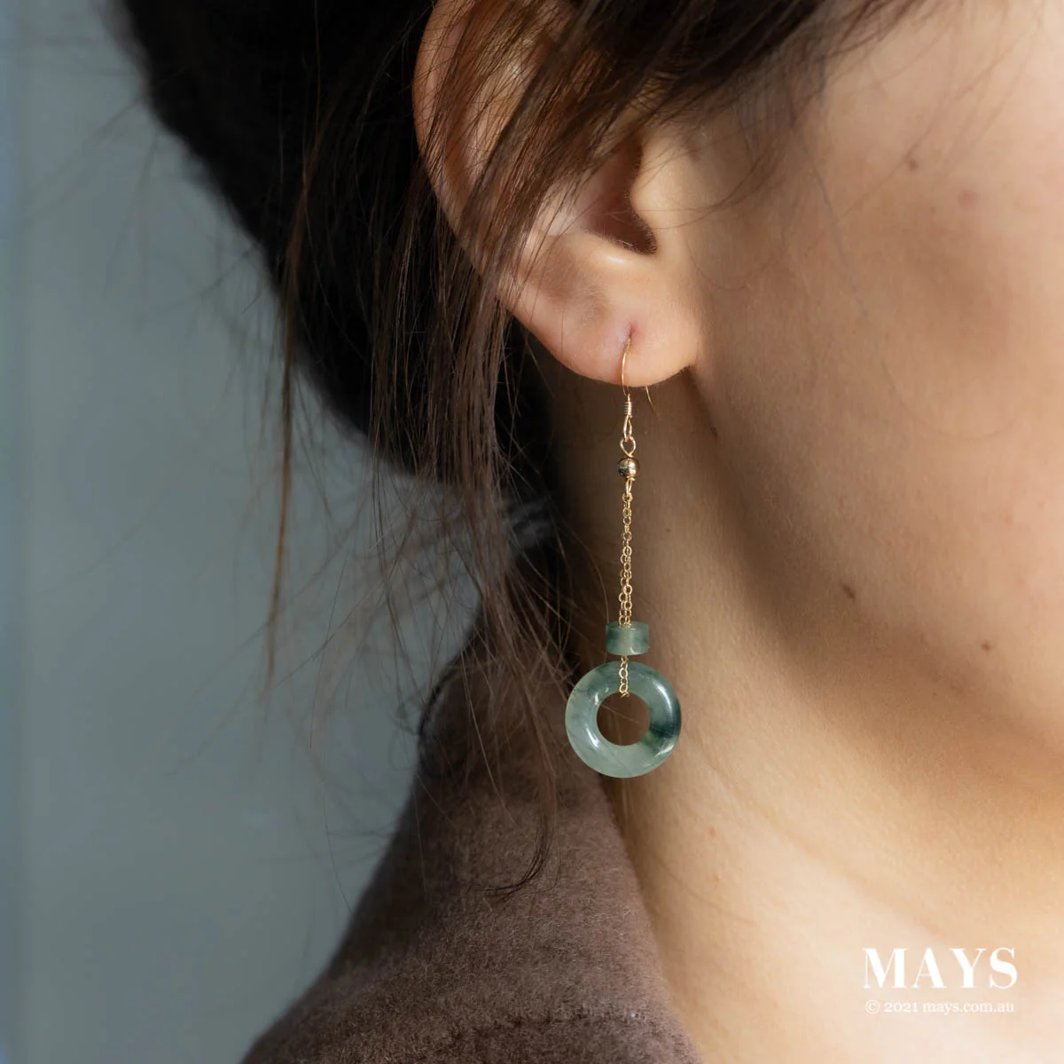 Greyish green flower Jade Gold Drop Earrings - Image 2