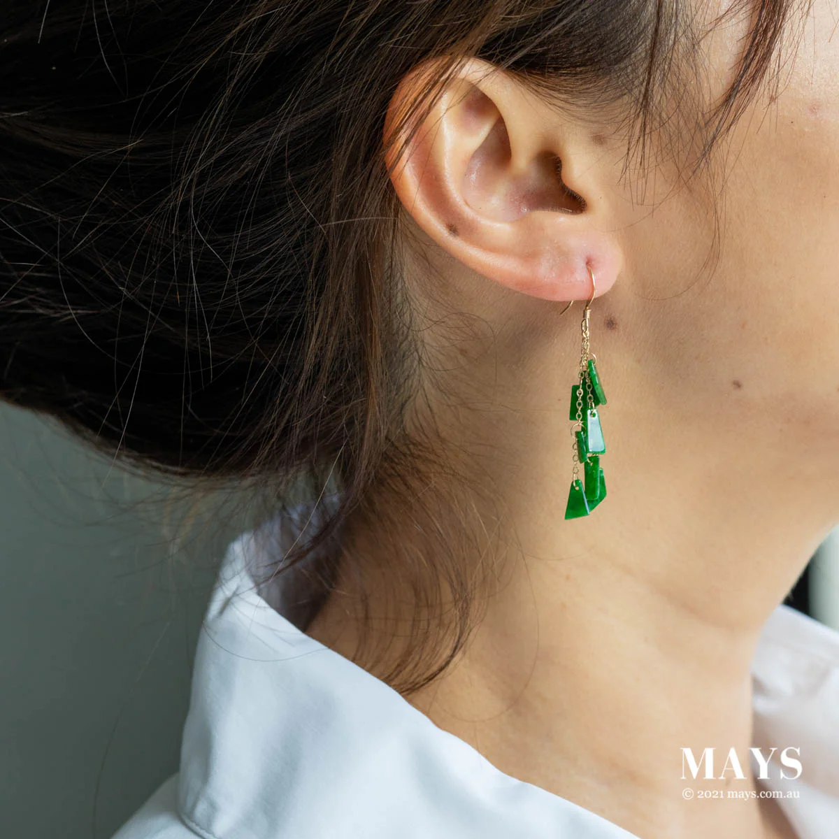 Imperial Green Jade Gold Drop Earrings - Image 2