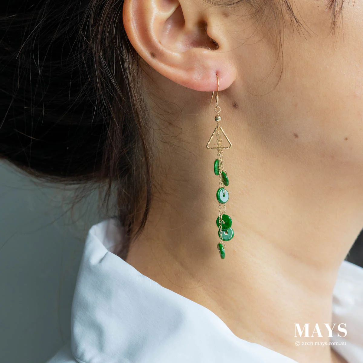 Imperial Green Jade Gold Drop Earrings - Image 2