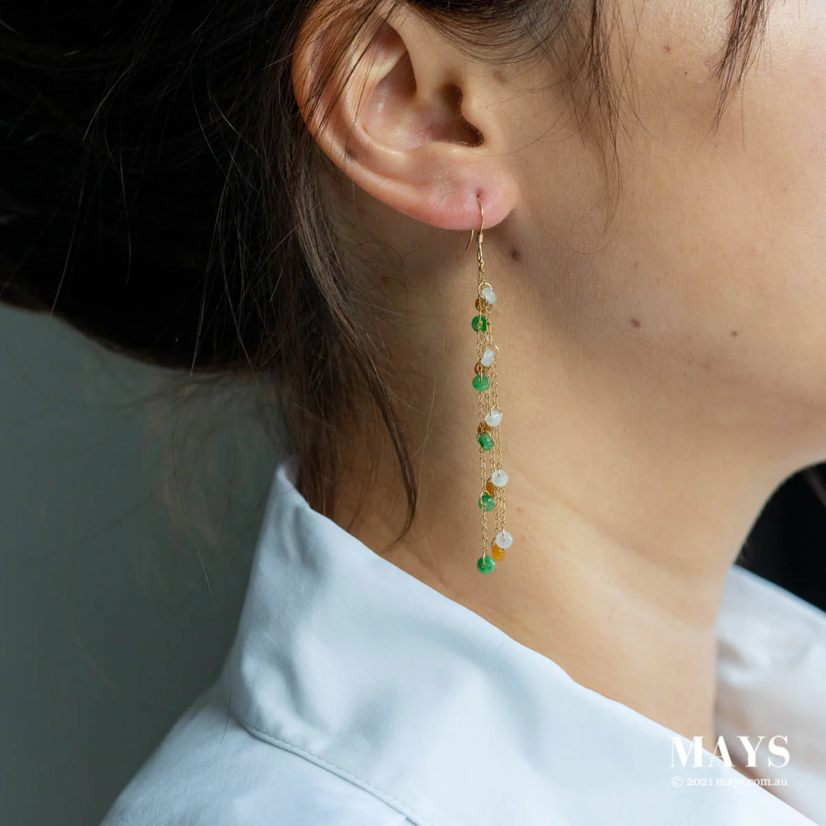 Mixed: Green White Yellow Jade Gold Drop Earrings - Image 2