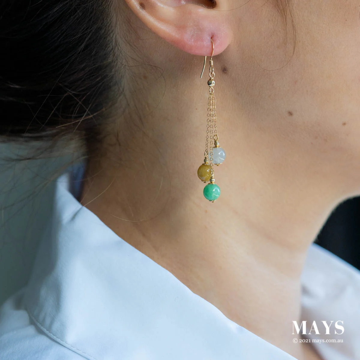 Mixed: Green White Yellow Jade Gold Drop Earrings - Image 2