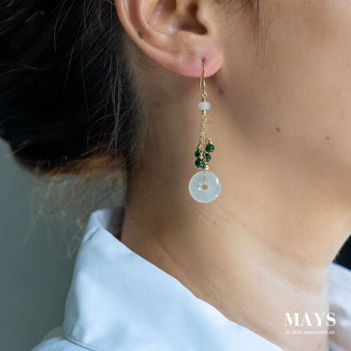 Icy White Jade Gold Drop Earrings - Image 2