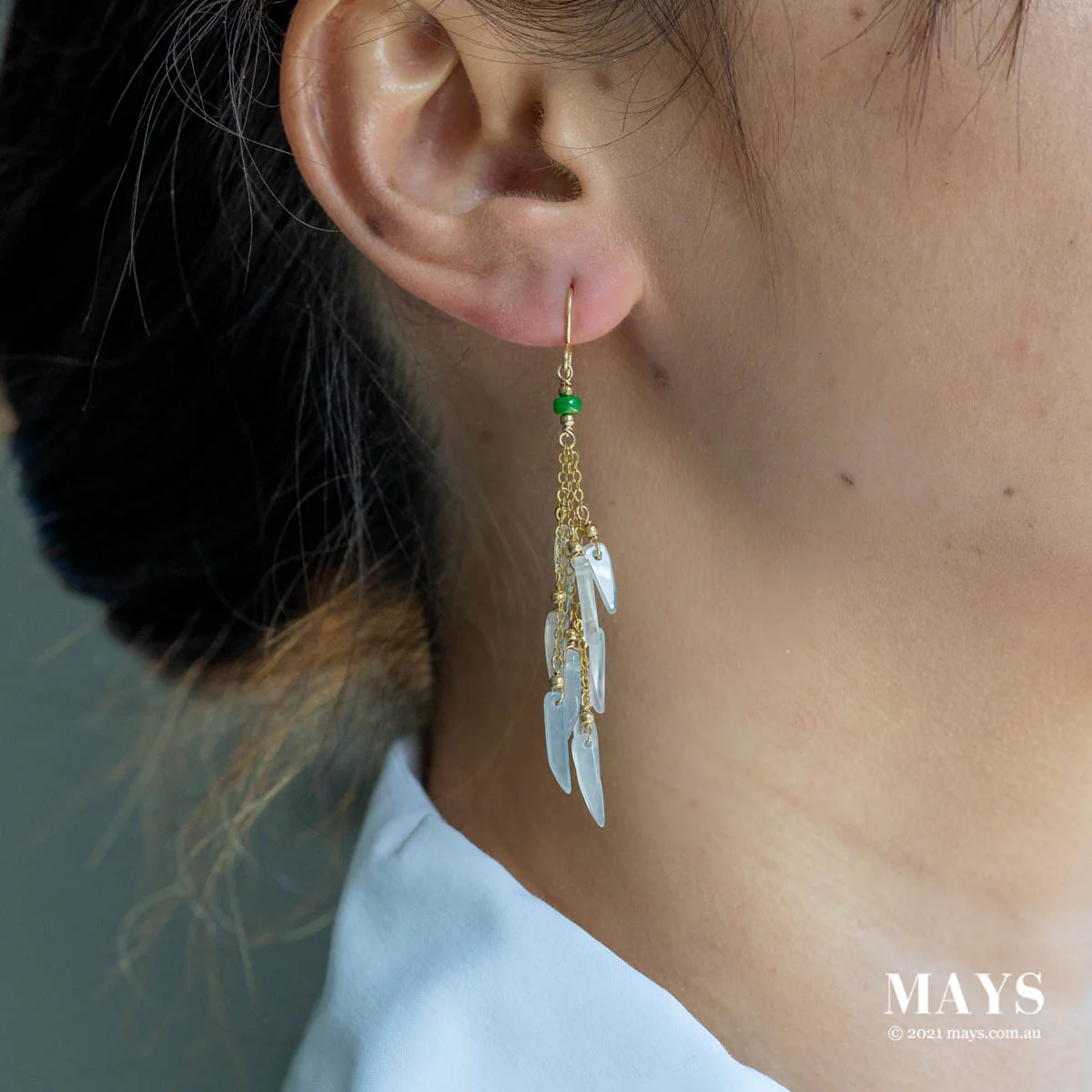 Icy White Jade Gold Drop Earrings - Image 2