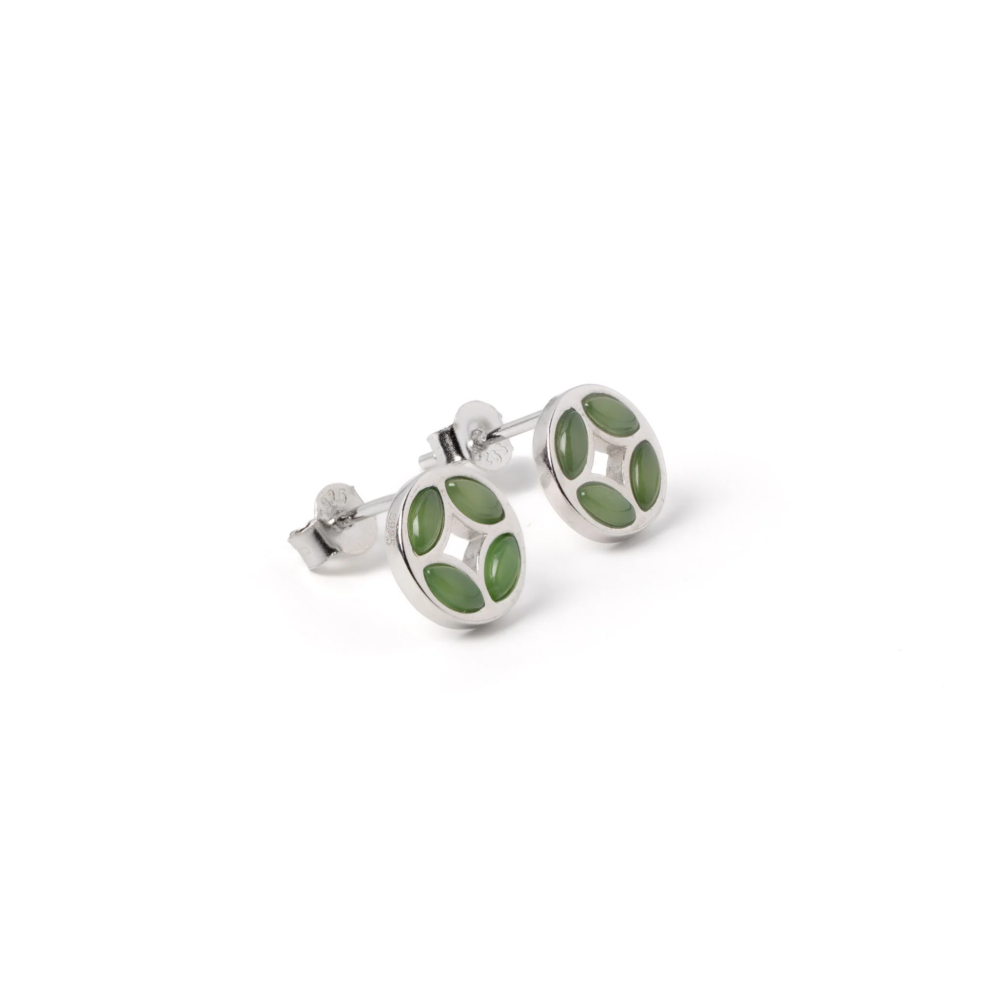 Fortune Coin – Green Jade Stud Earrings in Sterling Silver or Gold Plated Over 925 - Image 2