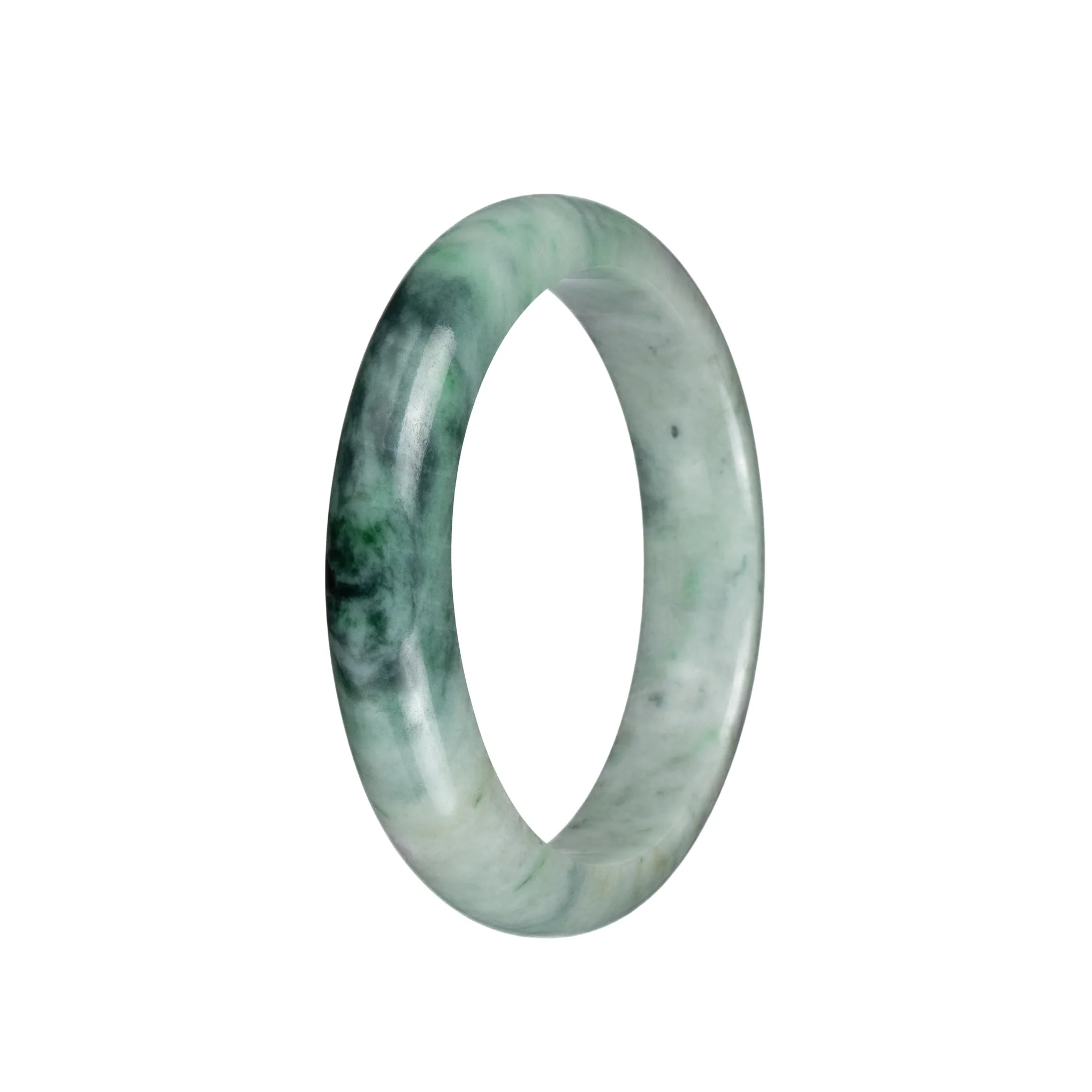 Genuine Grade A Light Green and Light Grey with Dark Green Patterns Traditional Jade Bangle - 59mm Half Moon - Image 2