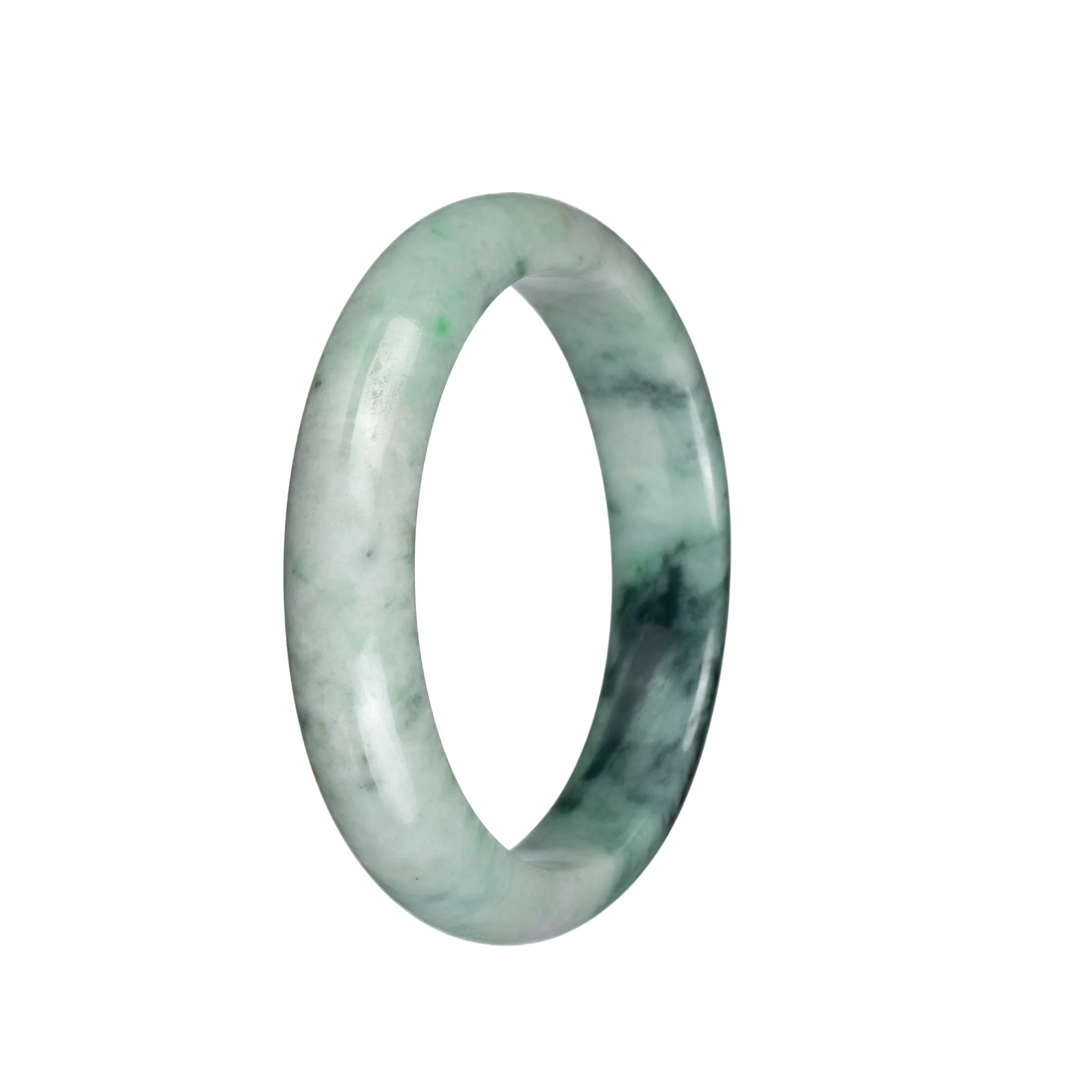 Genuine Grade A Light Green and Light Grey with Dark Green Patterns Traditional Jade Bangle - 59mm Half Moon - Image 3