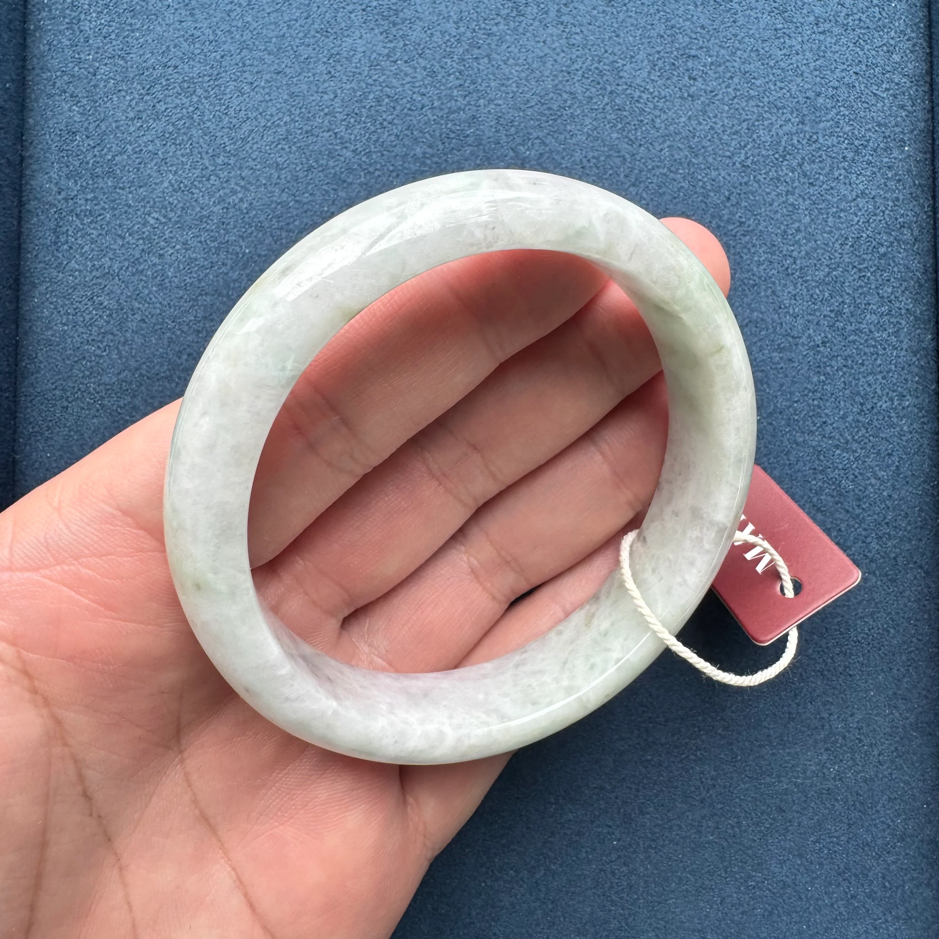 Genuine Grade A Light Grey and Light Green with Grey and Light Brown Spots Jadeite Bangle Bracelet - 62mm Half Moon - Image 8