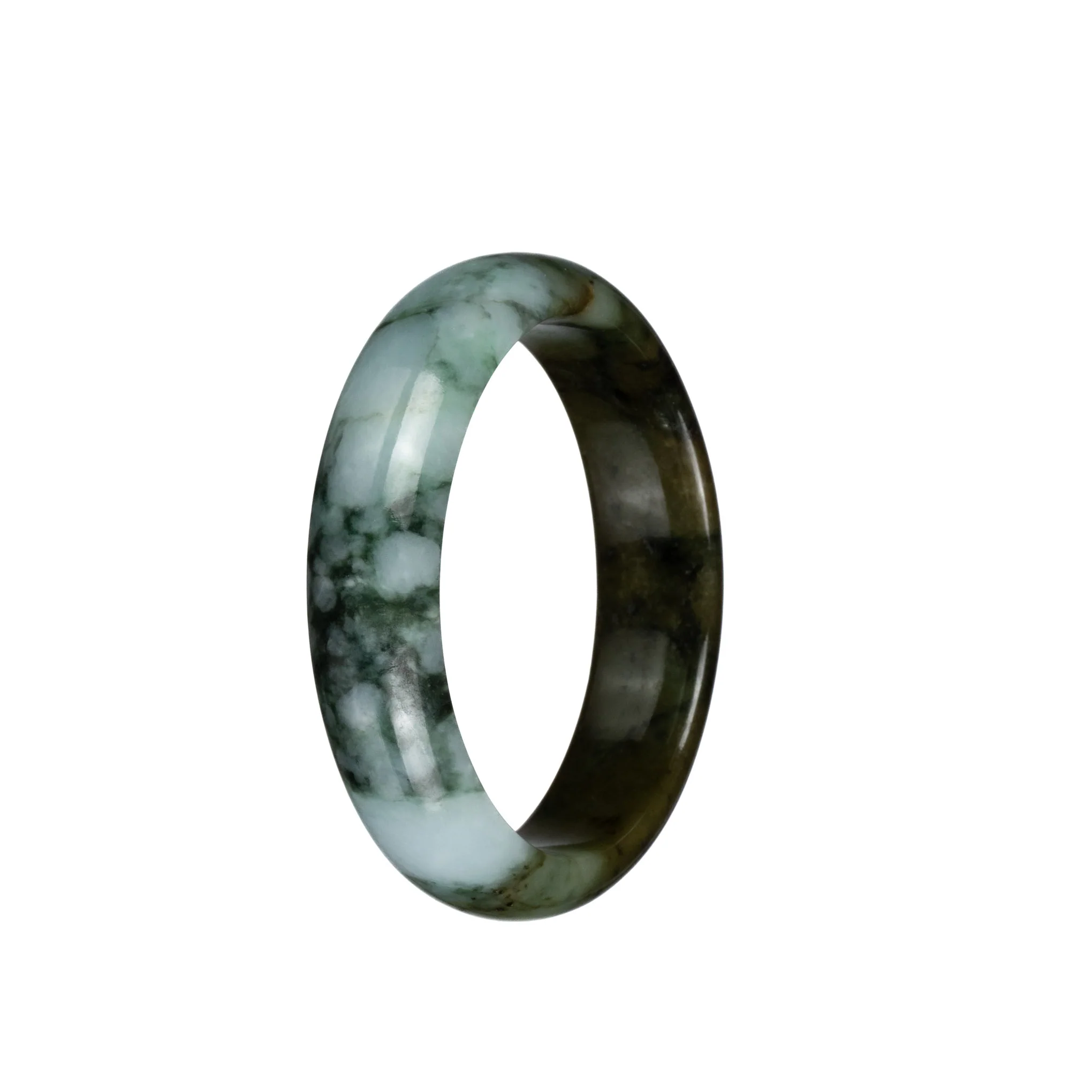 Genuine Grade A Pale Green and Brown with Black and Dark Green Patterns Burmese Jade Bangle Bracelet - 53mm Half Moon - Image 3