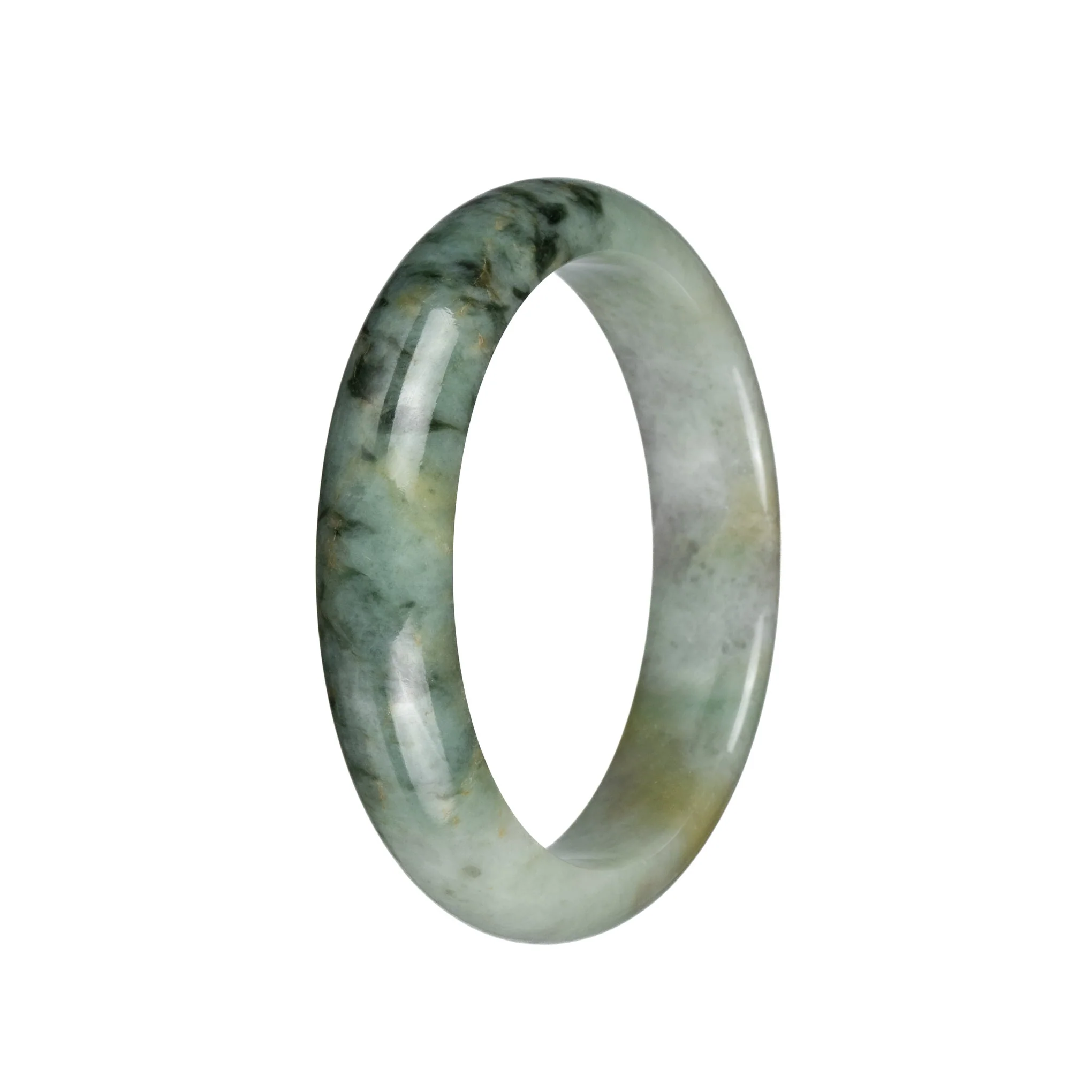 Genuine Grade A Pale Green with Dark Green Patterns and Light Yellow Patches Jadeite Jade Bracelet - 60mm Half Moon - Image 2