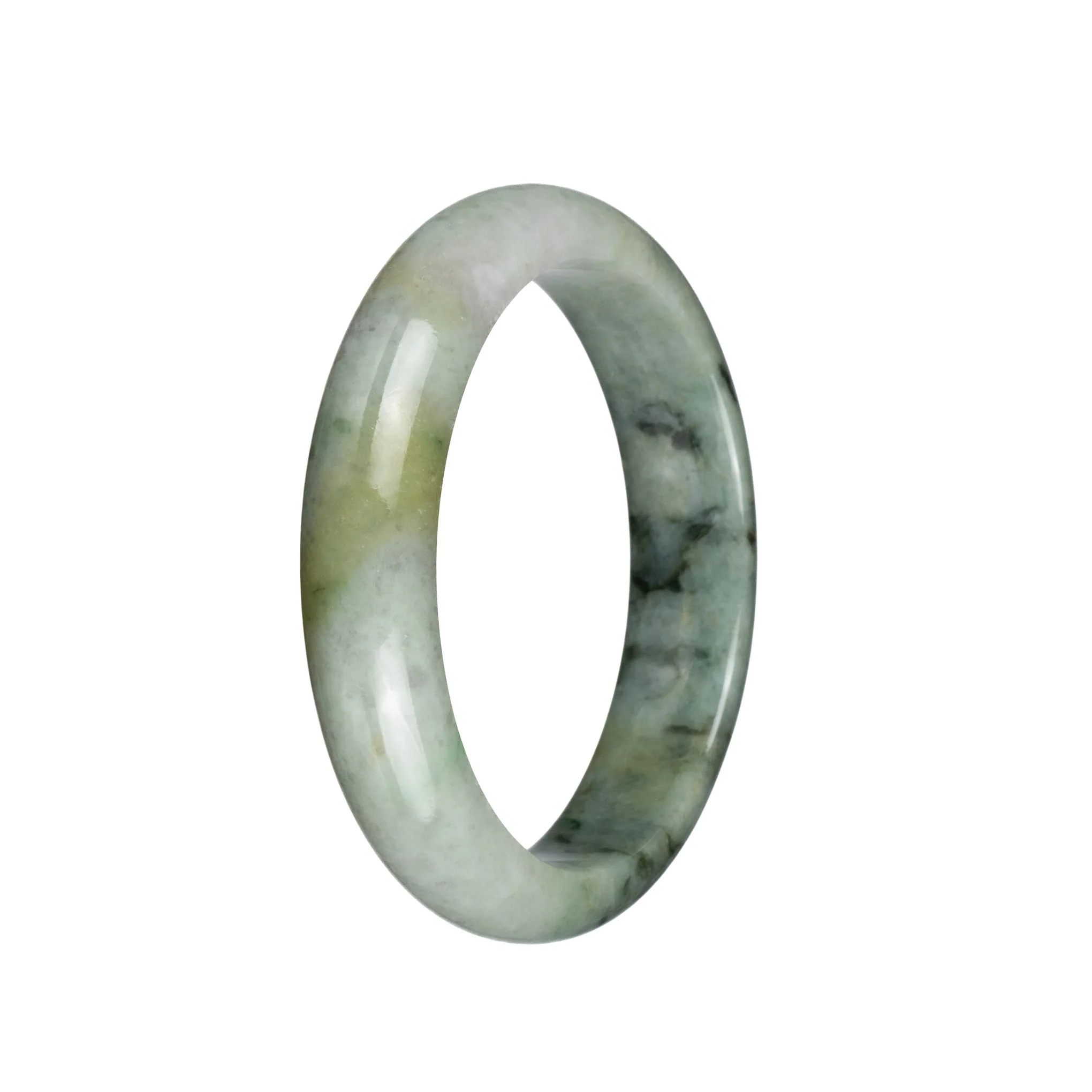 Genuine Grade A Pale Green with Dark Green Patterns and Light Yellow Patches Jadeite Jade Bracelet - 60mm Half Moon - Image 3