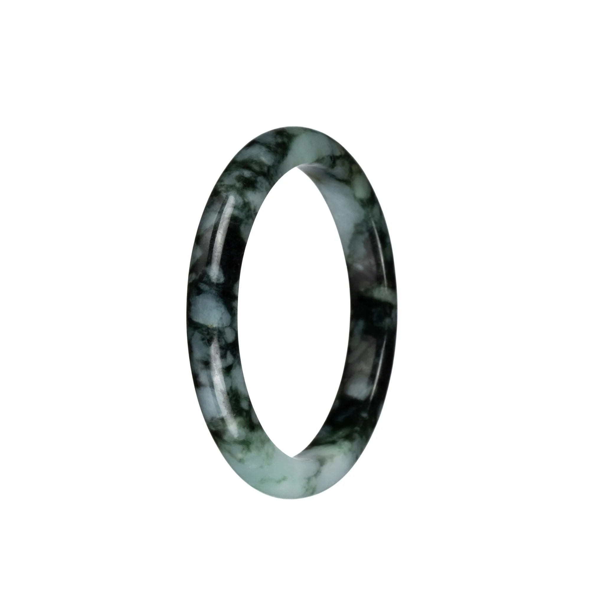 Genuine Grade A Pale Green with Dark Green Patterns Traditional Jade Bracelet - 54mm Semi Round - Image 2