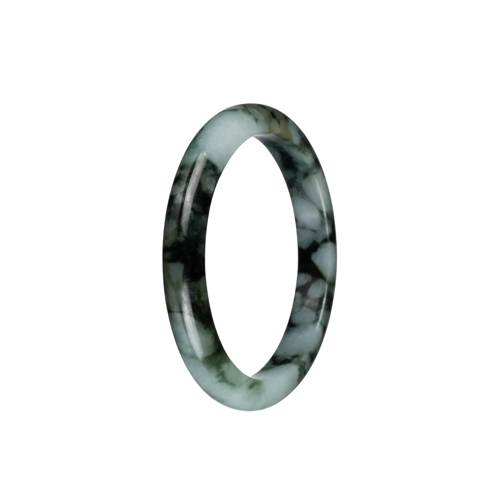 Genuine Grade A Pale Green with Dark Green Patterns Traditional Jade Bracelet - 54mm Semi Round - Image 3
