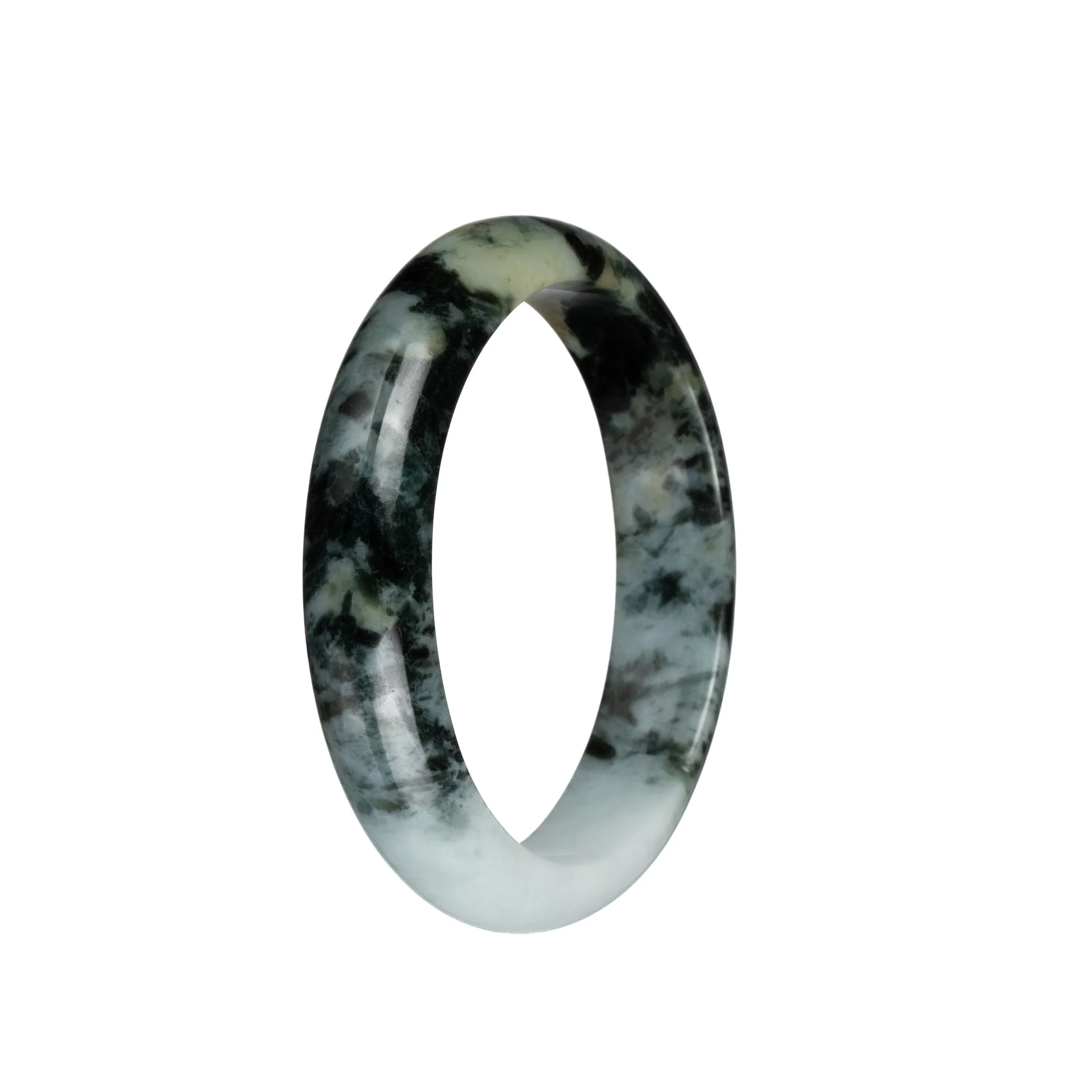Genuine Grade A White with Black Pattern Burmese Jade Bangle Bracelet - 57mm Half Moon - Image 2