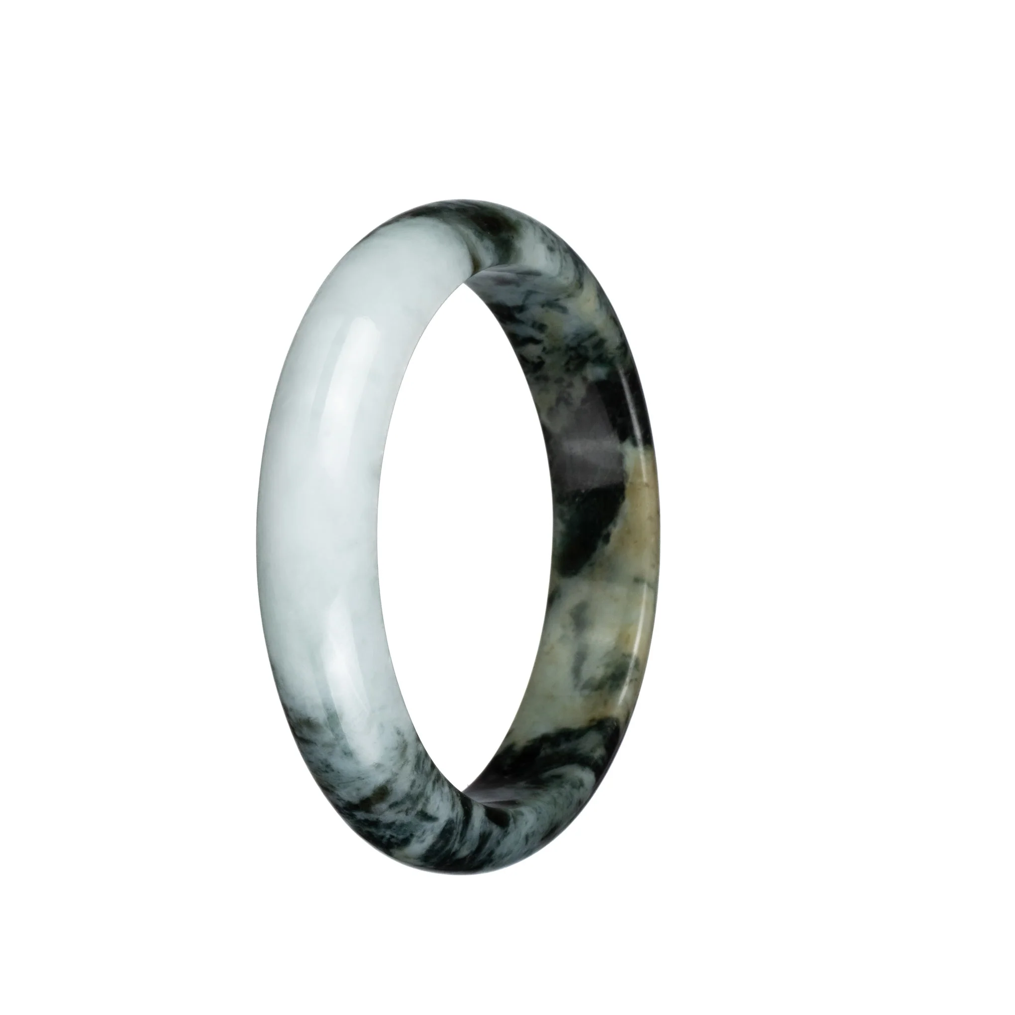Genuine Grade A White with Black Pattern Burmese Jade Bangle Bracelet - 57mm Half Moon - Image 3