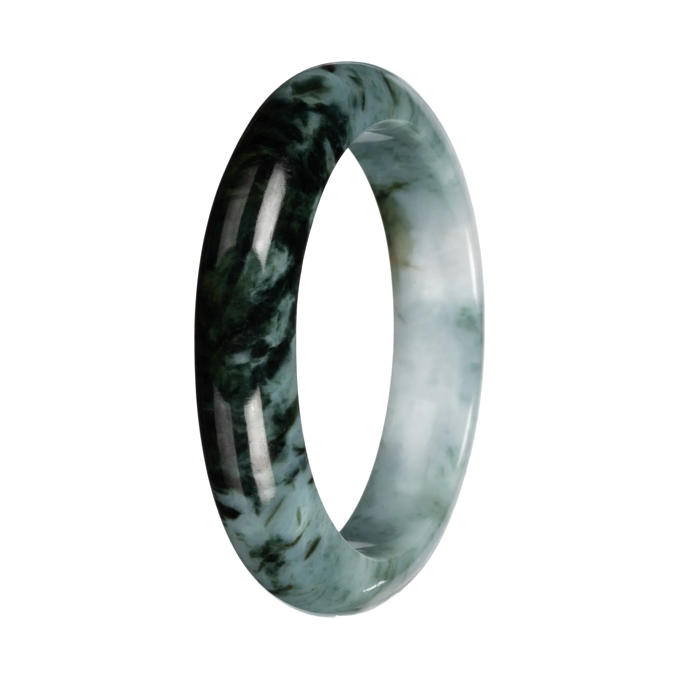 Genuine Green and White with Deep Green Section Burmese Jade Bangle - 55mm Half Moon