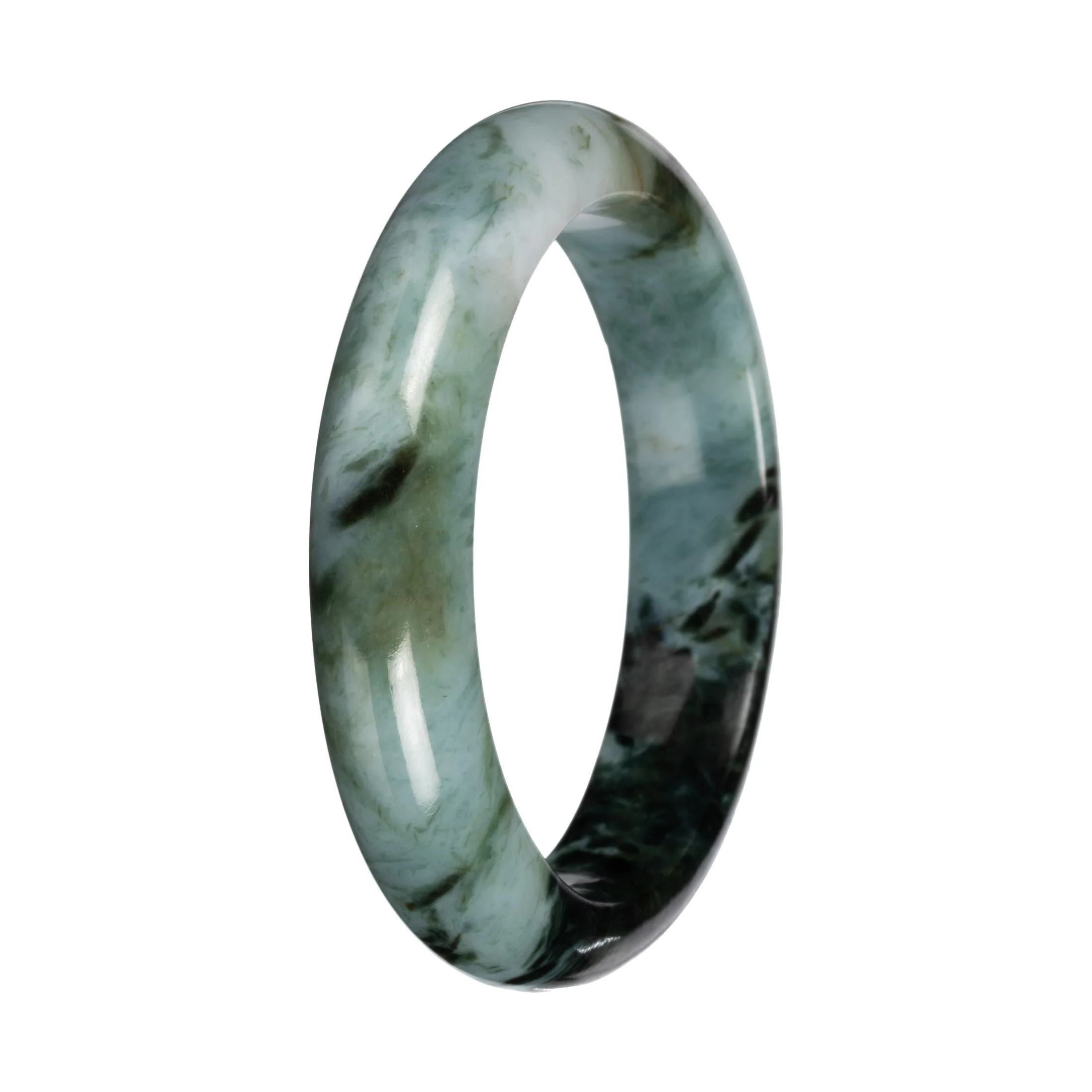 Genuine Green and White with Deep Green Section Burmese Jade Bangle - 55mm Half Moon - Image 3