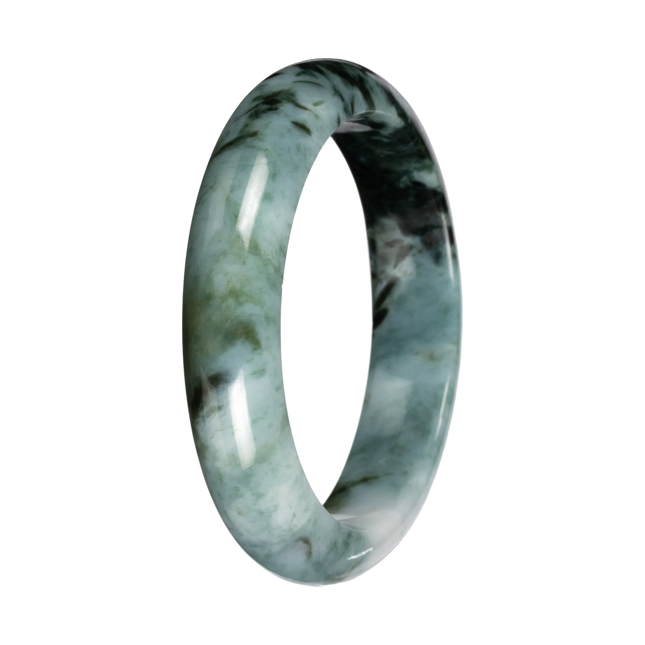 Genuine Green and White with Deep Green Section Burmese Jade Bangle - 55mm Half Moon - Image 5