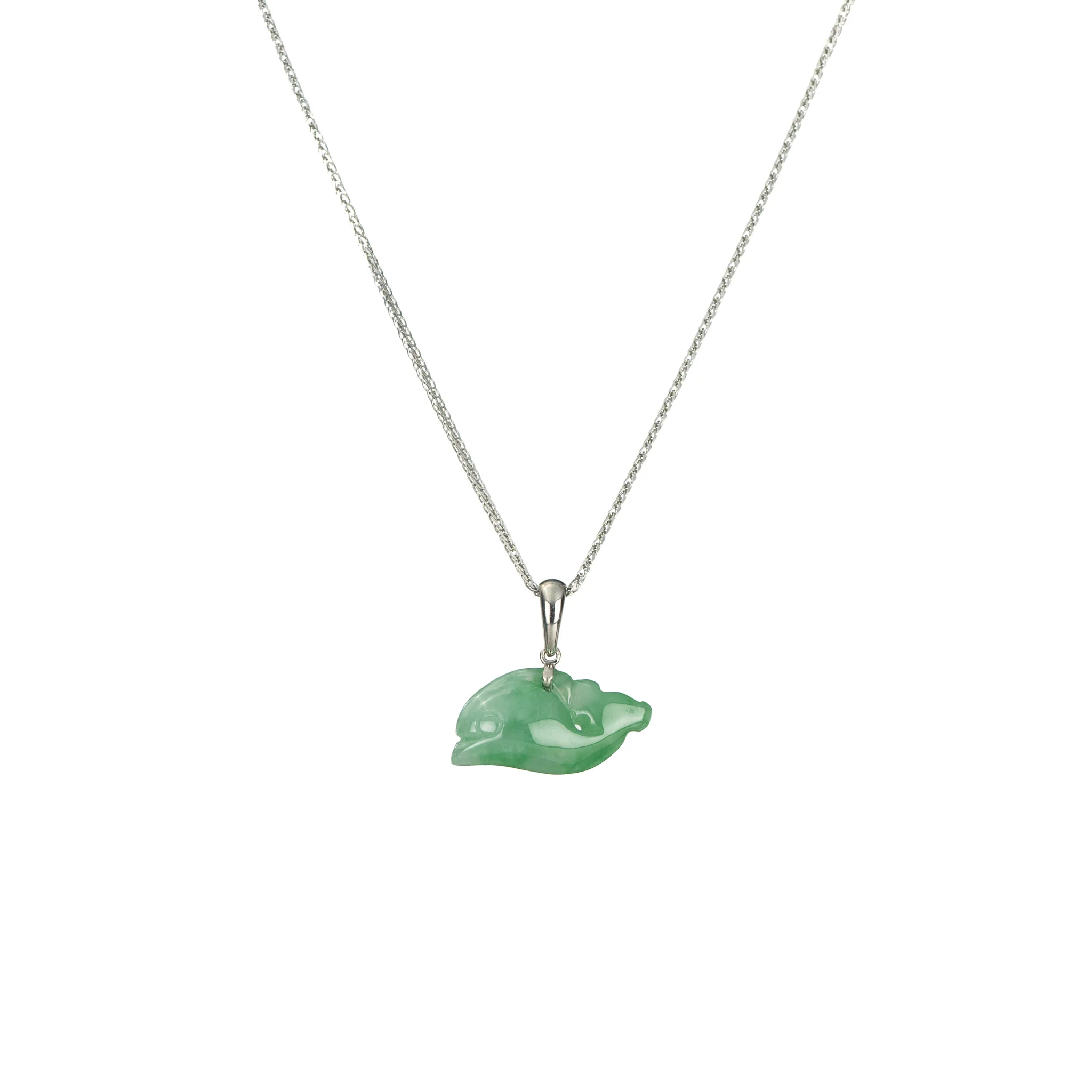 Genuine Jade Dolphin Necklace in 18K White Gold
