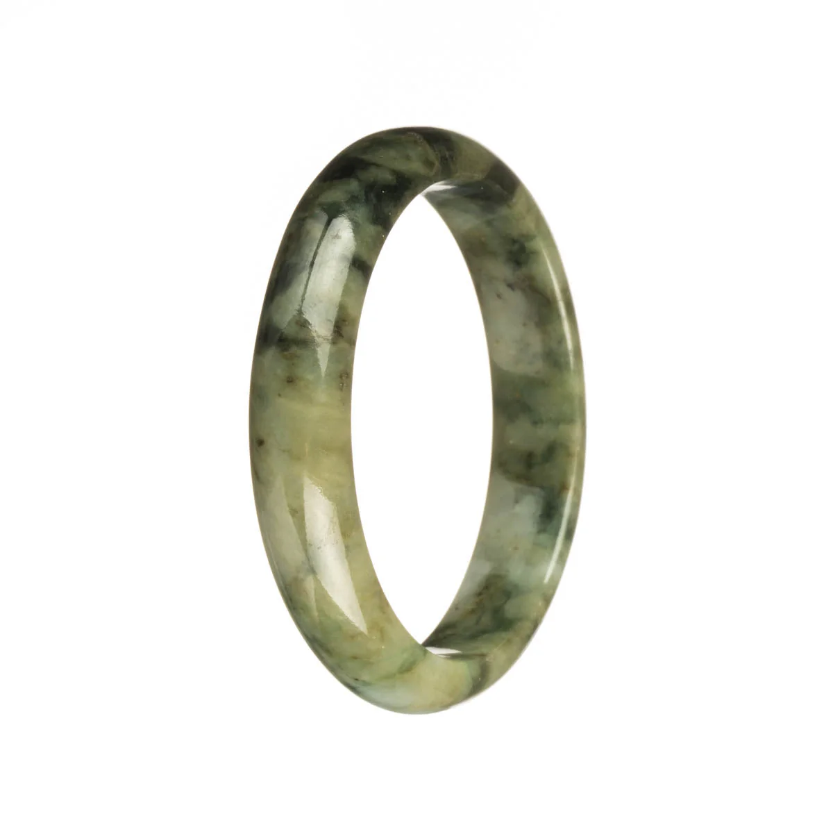 Real Type A Green with Dark Green Pattern Traditional Jade Bangle - 54mm Half Moon