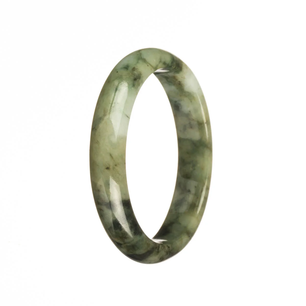 Real Type A Green with Dark Green Pattern Traditional Jade Bangle - 54mm Half Moon - Image 2