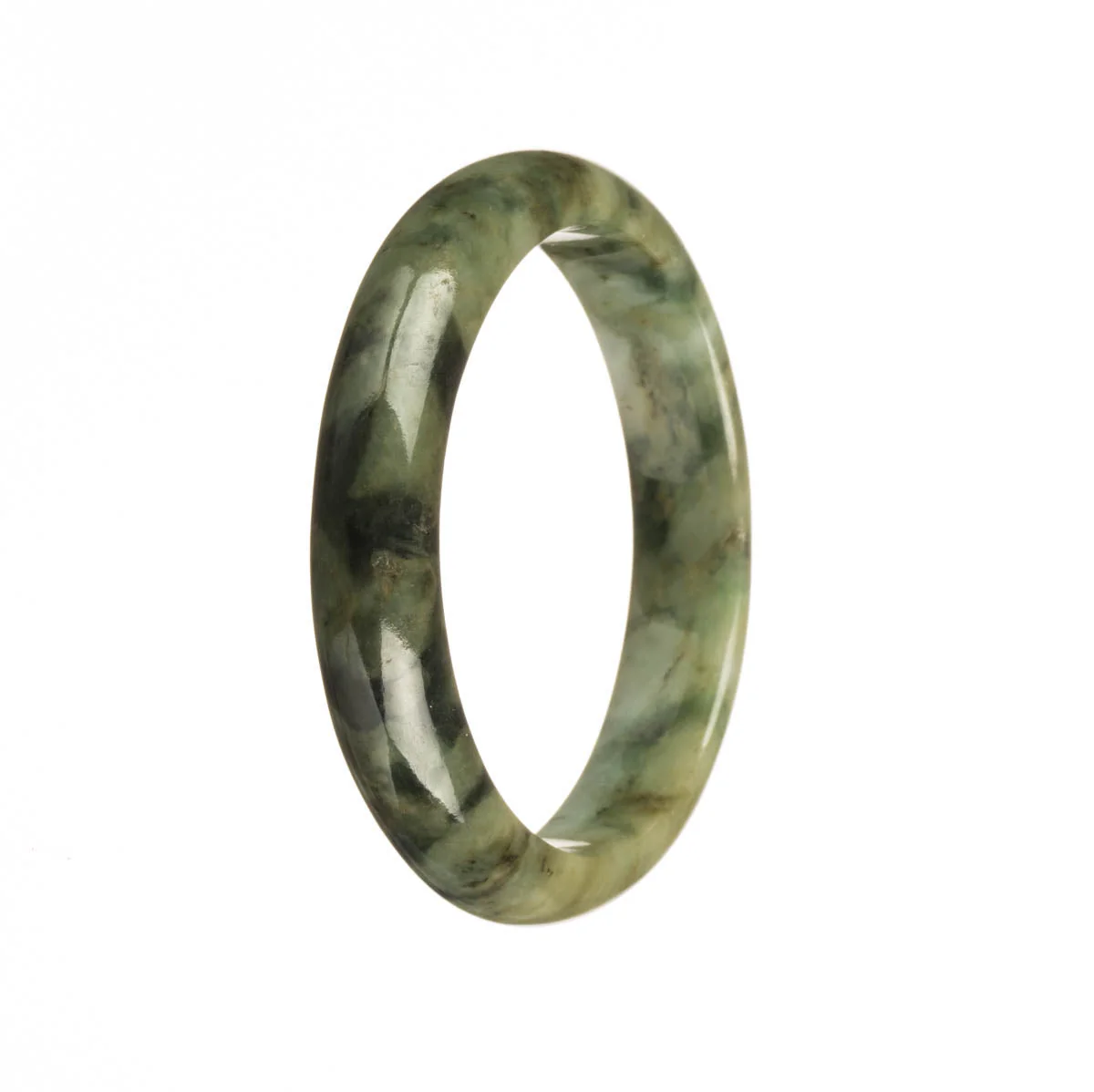 Real Type A Green with Dark Green Pattern Traditional Jade Bangle - 54mm Half Moon - Image 3