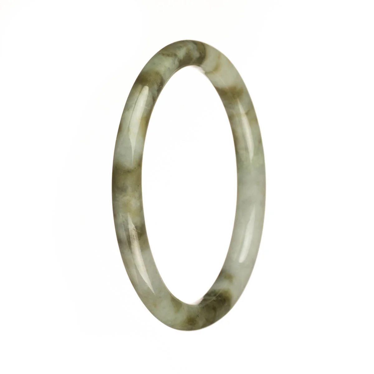 Genuine Type A Grey with Olive Green Pattern Jadeite Bangle Bracelet - 61mm Petite Round