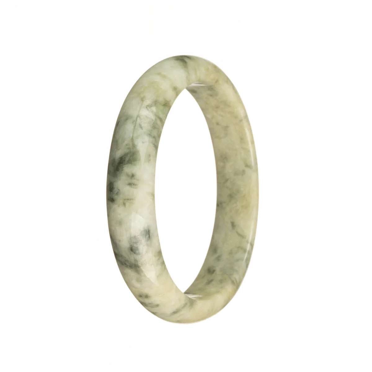 Real Grade A White with Dark Green Patterns Burma Jade Bangle - 56mm Half Moon
