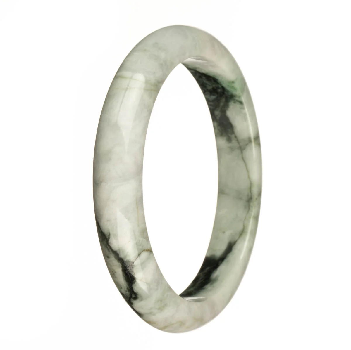 Genuine Natural Green and White with Dark Green Patterns and Apple Green Spots Burmese Jade Bangle - 67mm Semi Round