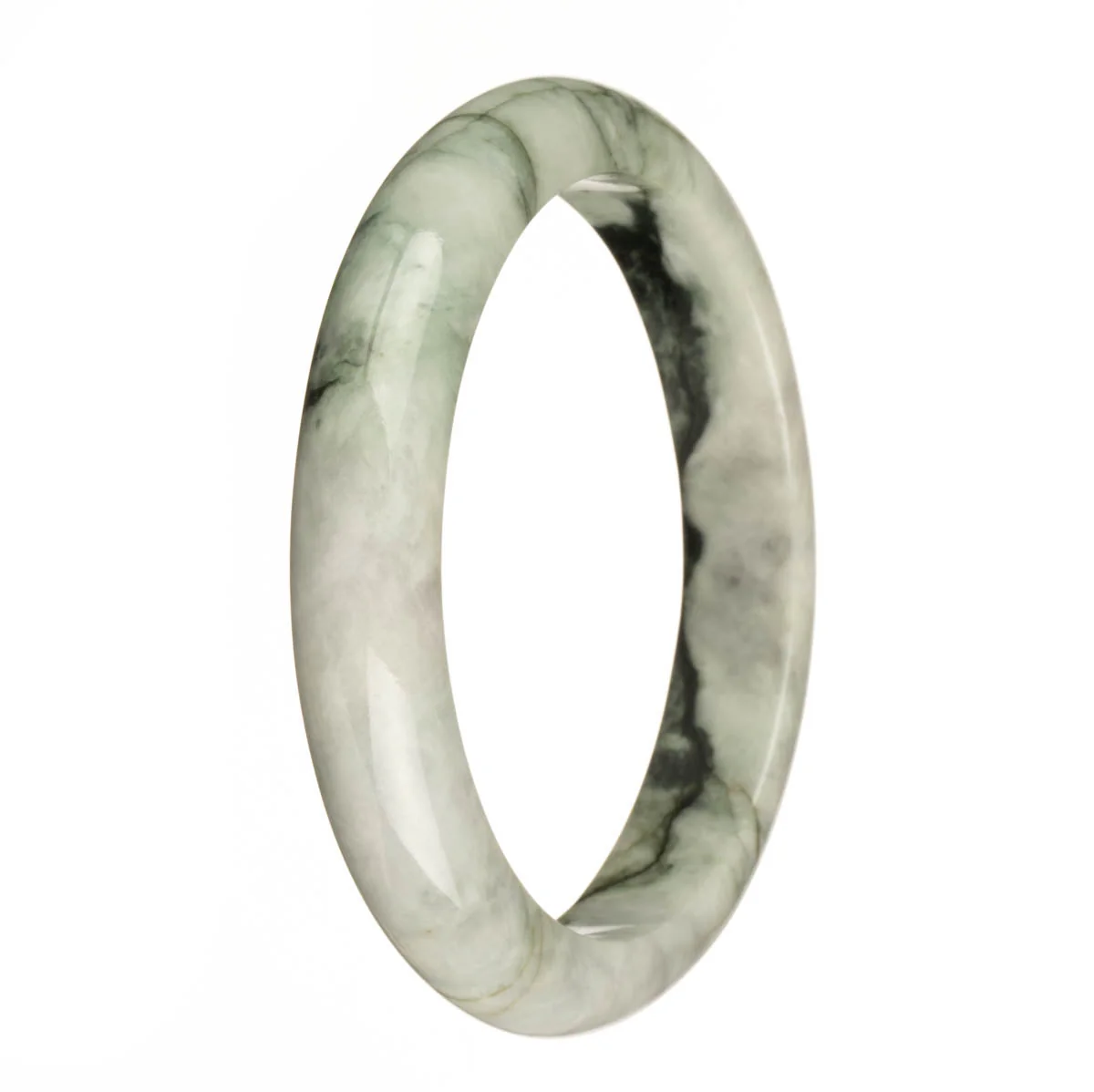 Genuine Natural Green and White with Dark Green Patterns and Apple Green Spots Burmese Jade Bangle - 67mm Semi Round - Image 2