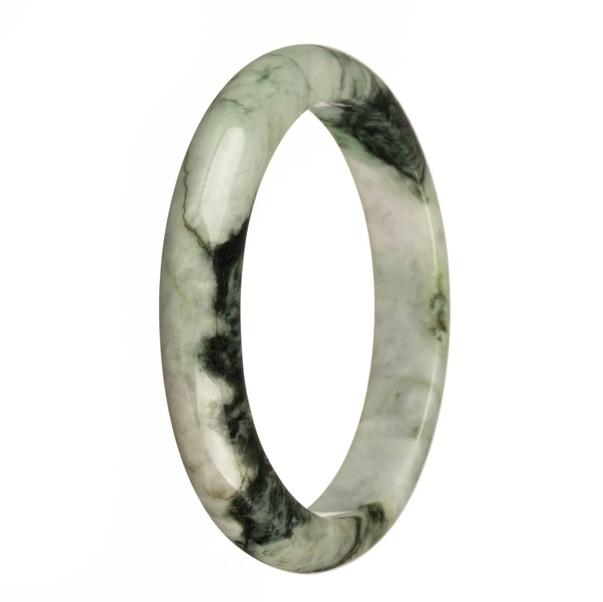 Genuine Natural Green and White with Dark Green Patterns and Apple Green Spots Burmese Jade Bangle - 67mm Semi Round - Image 3
