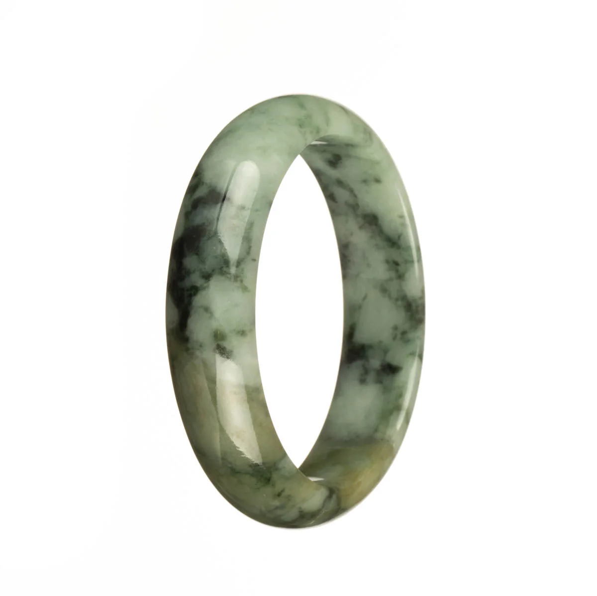 Real Untreated Green with Dark Green Pattern Traditional Jade Bangle - 55mm Half Moon - Image 3