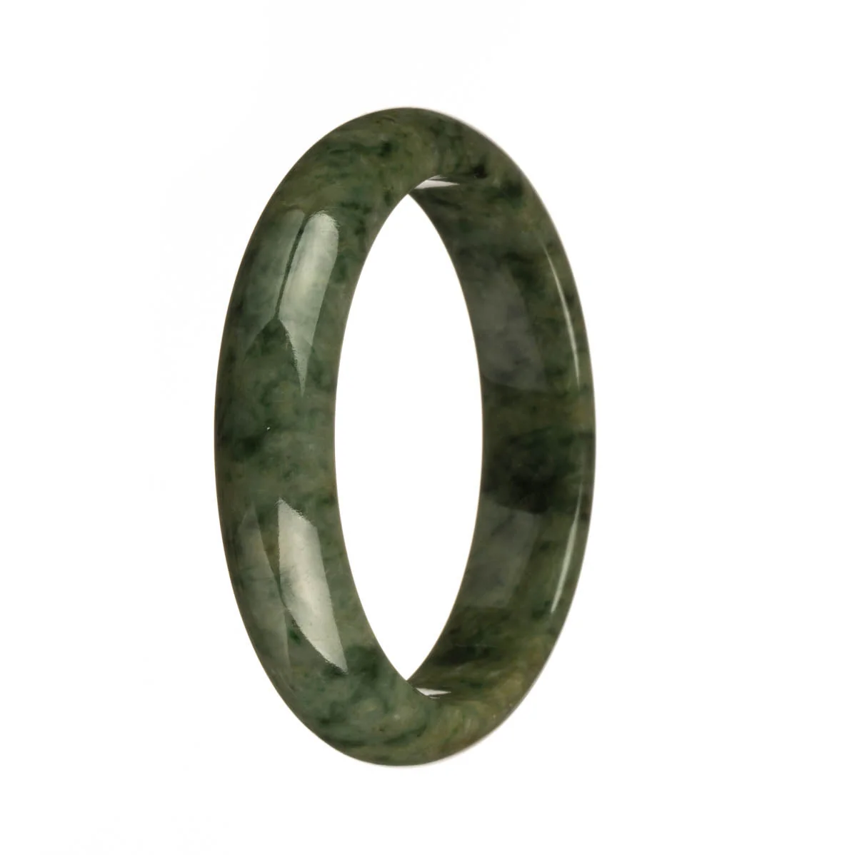 Certified Untreated Olive Green with Green Pattern Burmese Jade Bangle Bracelet - 58mm Half Moon