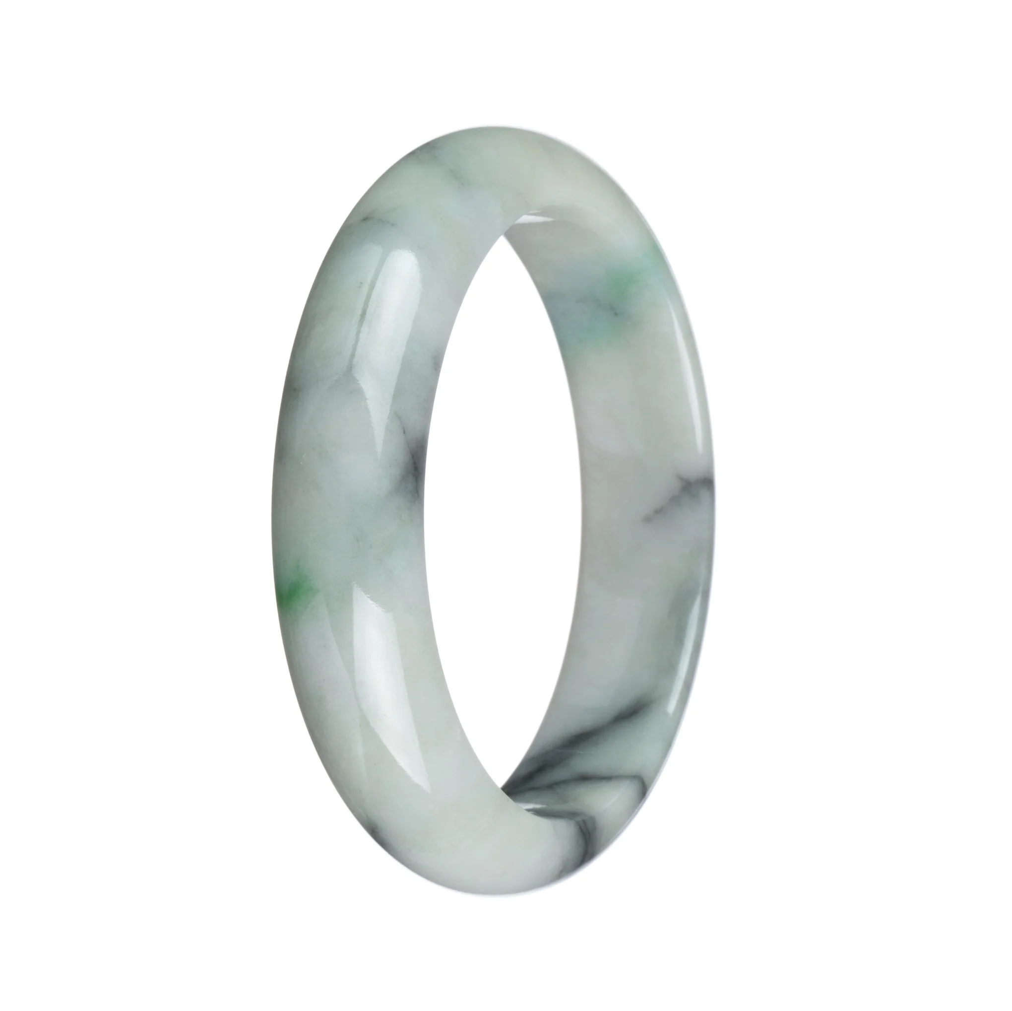 Authentic Untreated White with Black and Apple Green Patterns Jadeite Jade Bracelet - 57mm Half Moon - Image 2