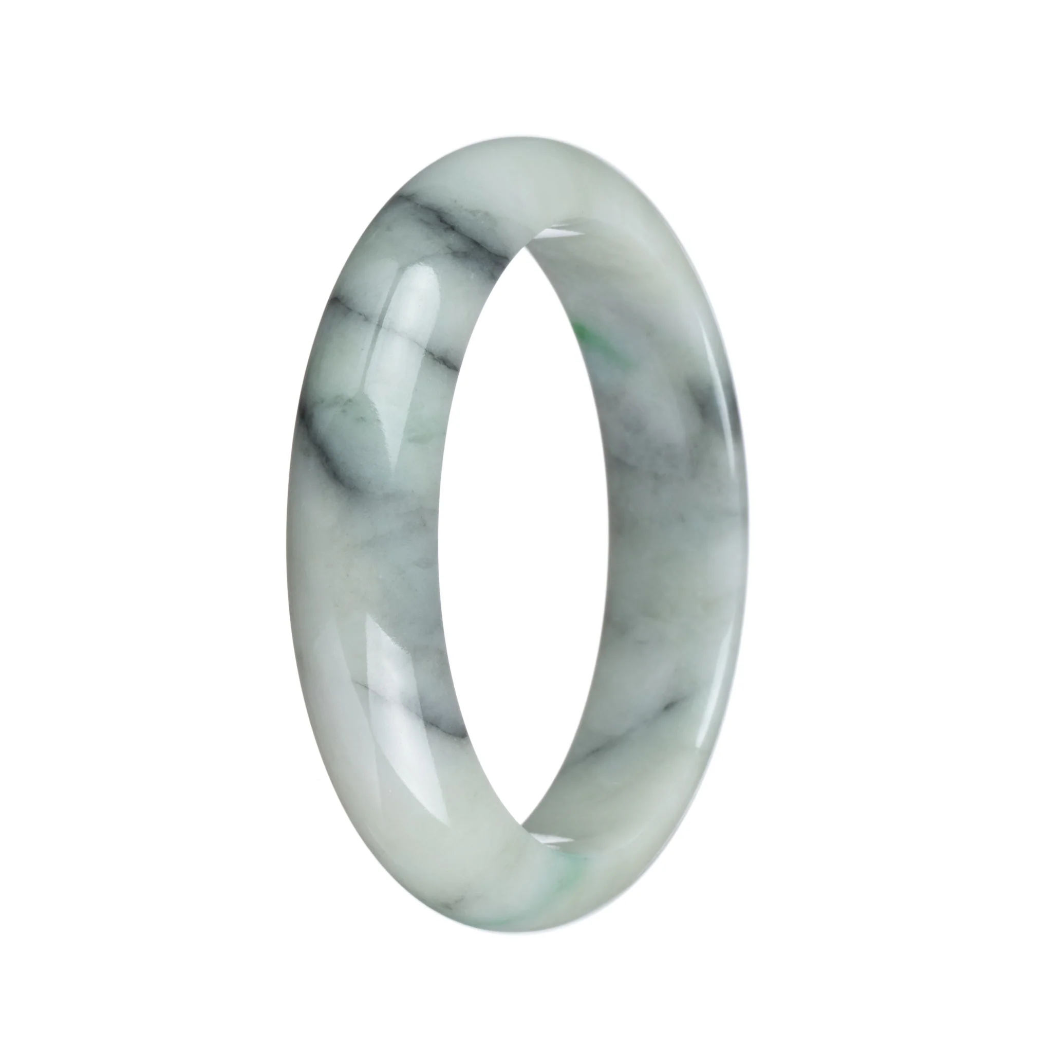 Authentic Untreated White with Black and Apple Green Patterns Jadeite Jade Bracelet - 57mm Half Moon - Image 3