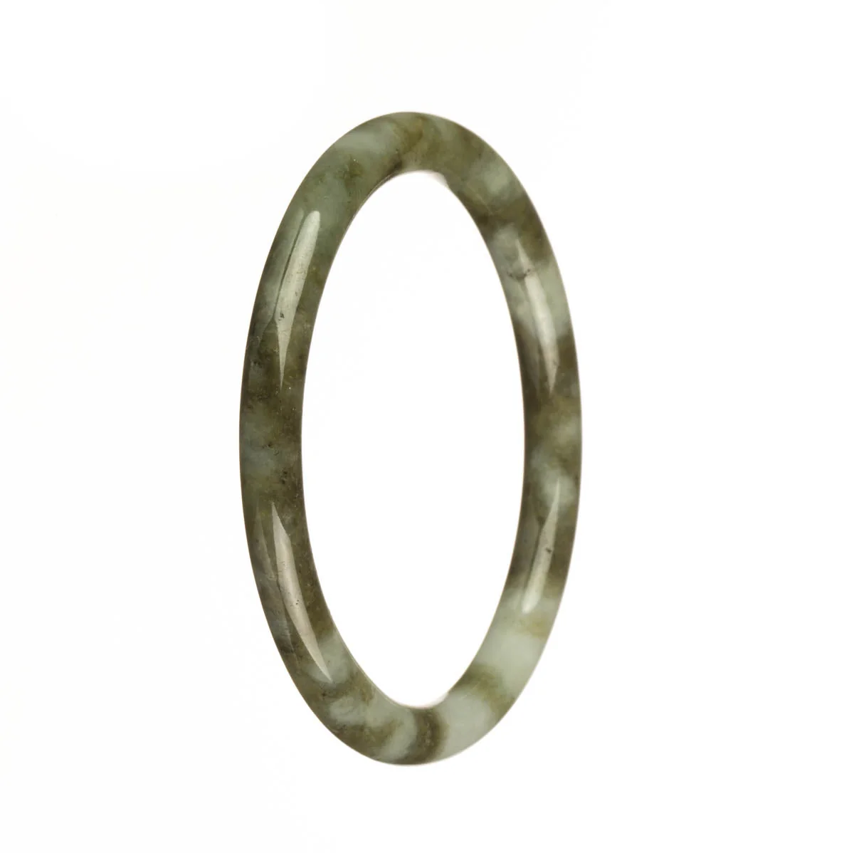 Authentic Type A White with Olive Green Patterns Jadeite Jade Bangle - 59mm Petite Round