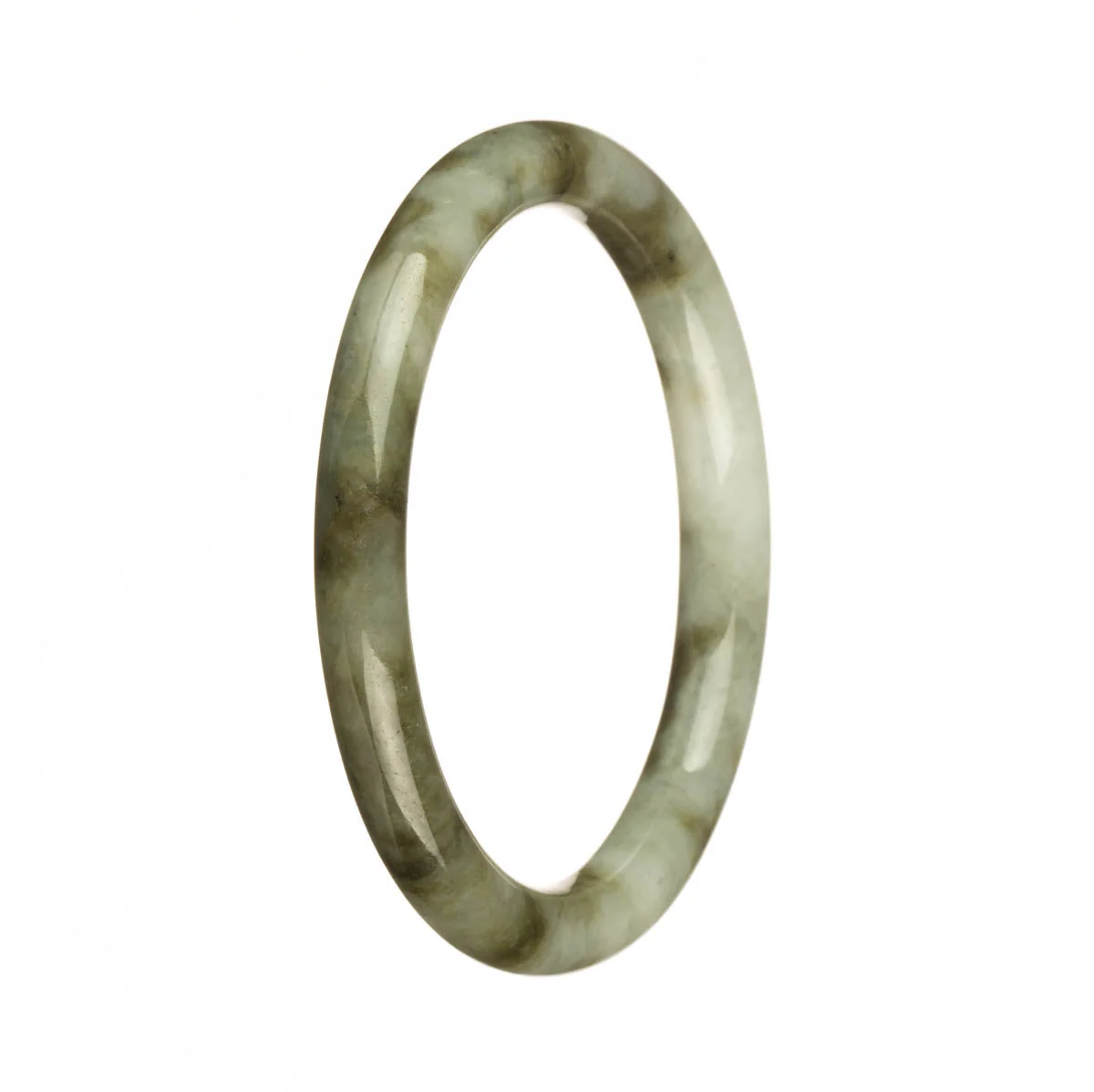 Genuine Grade A White with Olive Green Pattern Jadeite Bangle - 60mm Petite Round