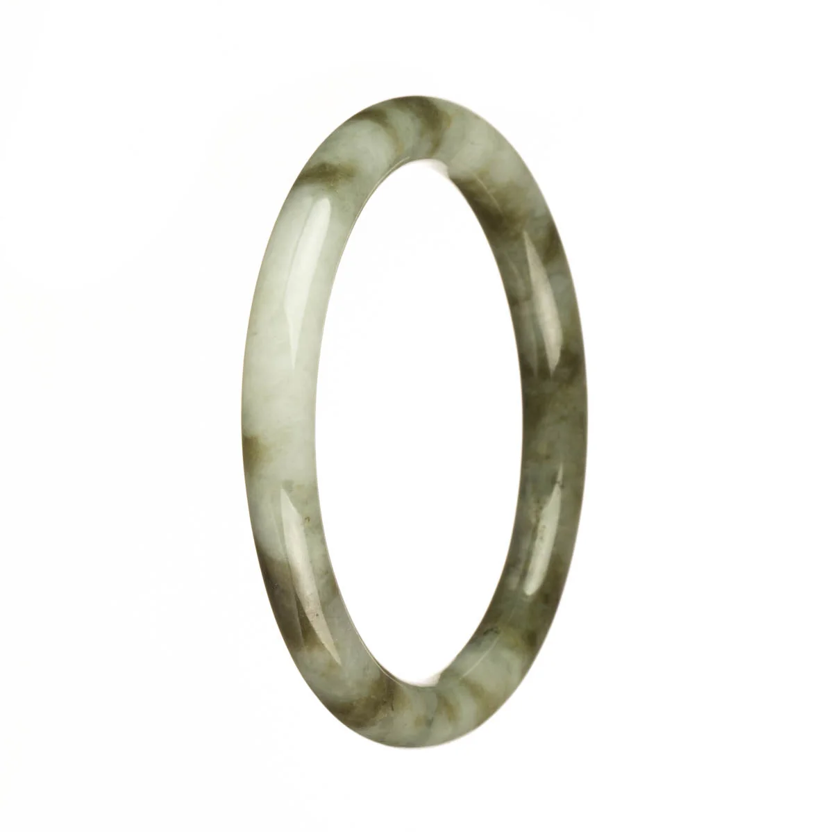 Genuine Grade A White with Olive Green Pattern Jadeite Bangle - 60mm Petite Round - Image 2