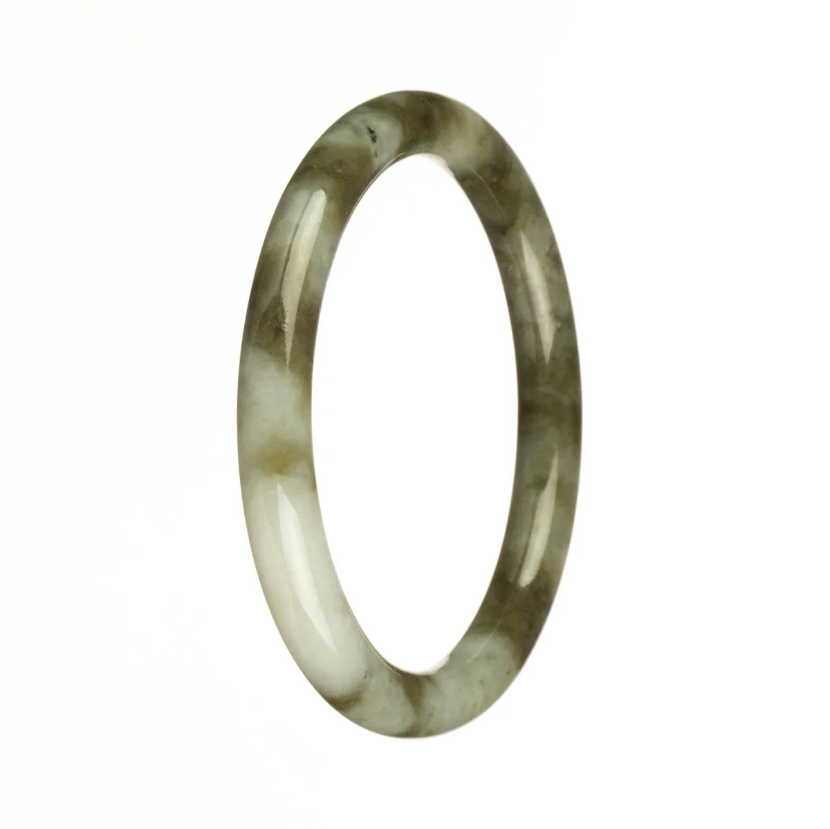 Genuine Grade A White with Olive Green Pattern Jadeite Bangle - 60mm Petite Round - Image 3