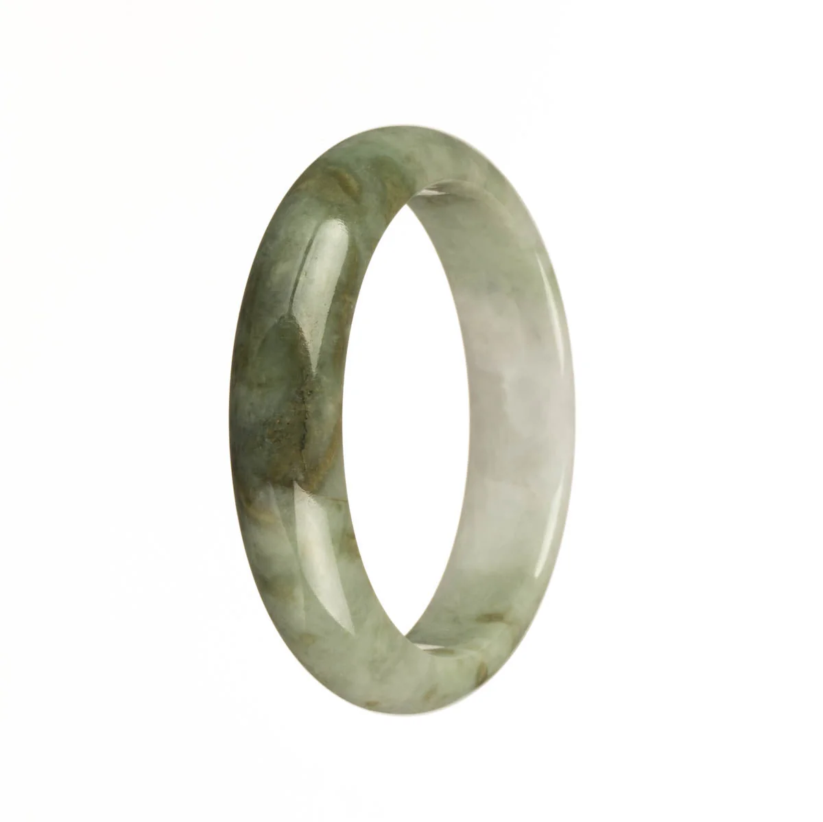 Real Grade A White and Light Green with Olive Green Patterns Burmese Jade Bangle Bracelet - 54mm Half Moon