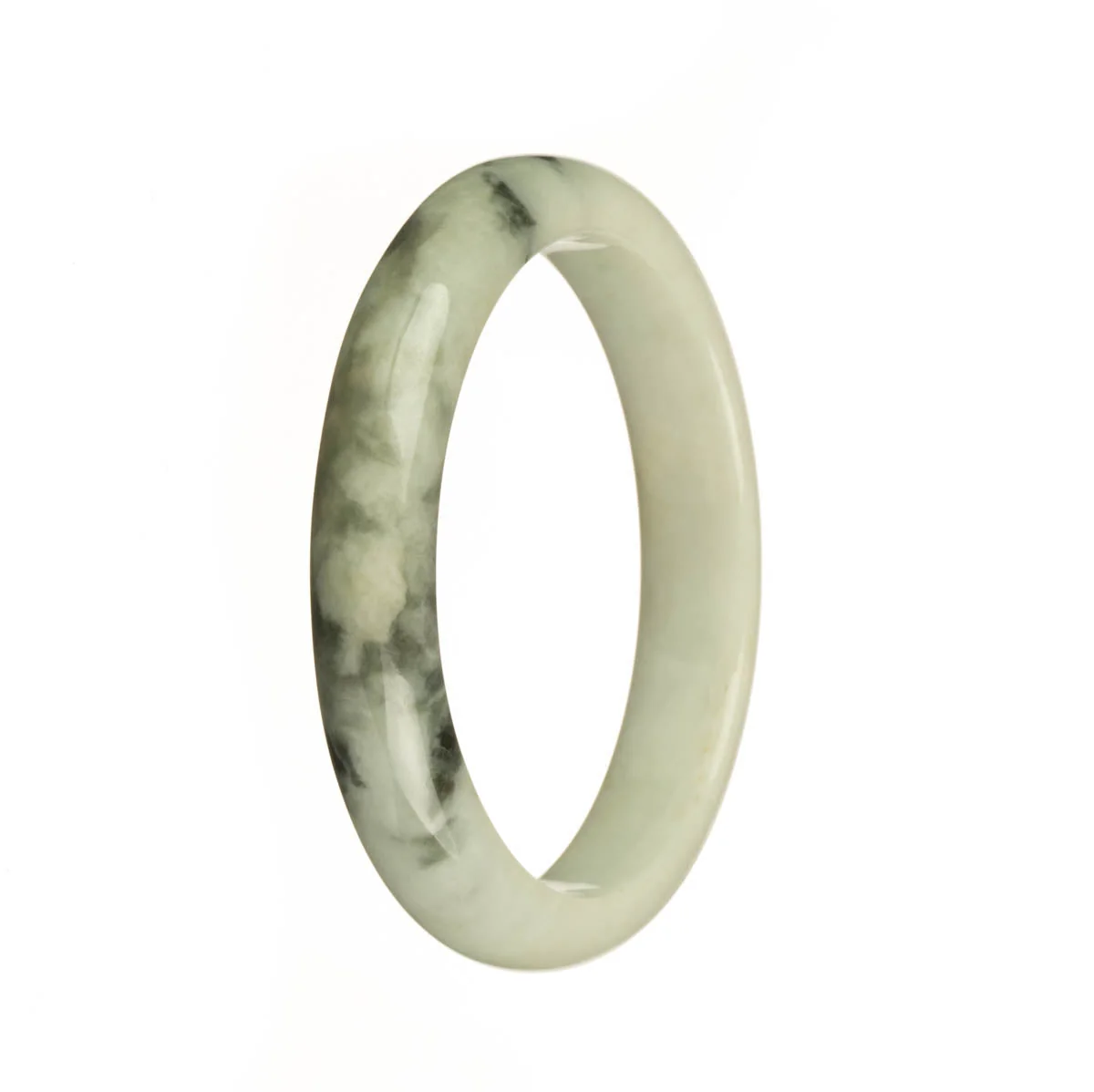 Certified Grade A White and Dark Green Patterns Jadeite Bangle Bracelet - 57mm Half Moon