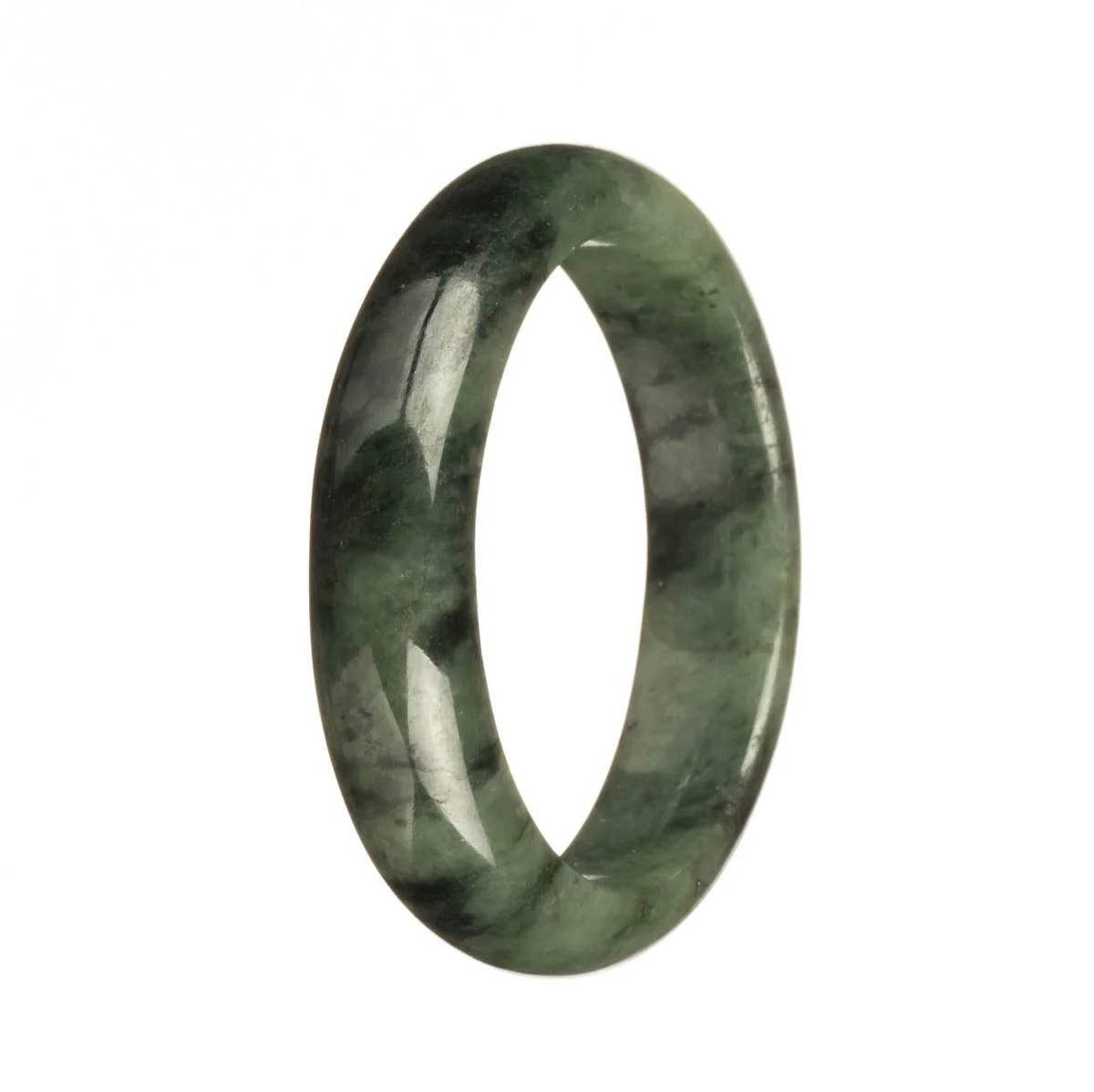 Authentic Type A Green with Dark Green Patterns Traditional Jade Bangle Bracelet - 57mm Half Moon
