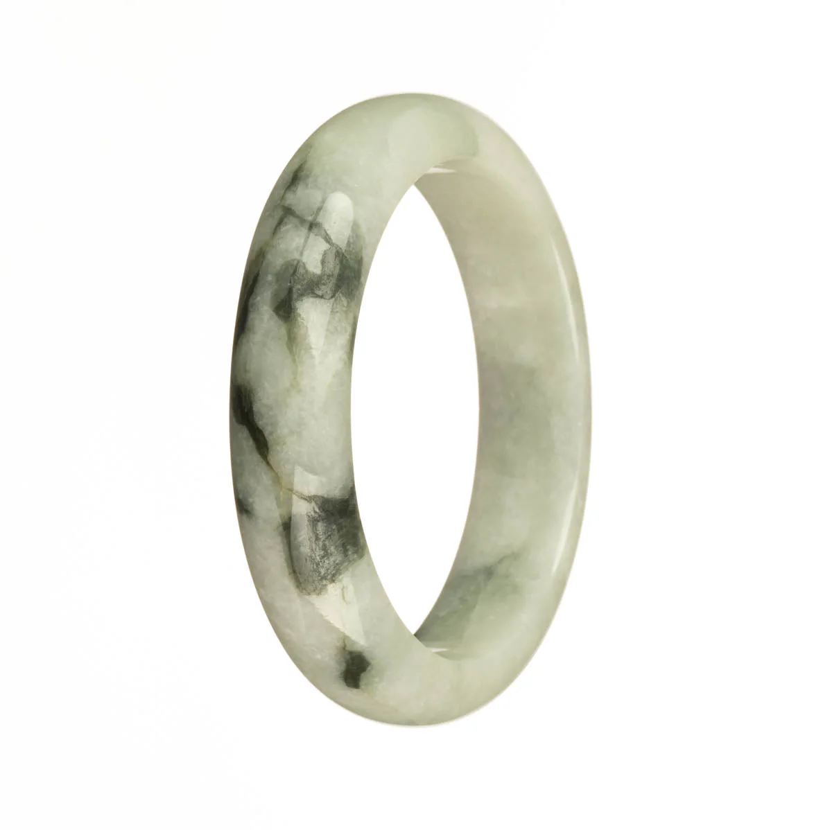 Authentic Untreated White with Dark Green Patterns Burma Jade Bracelet - 57mm Half Moon