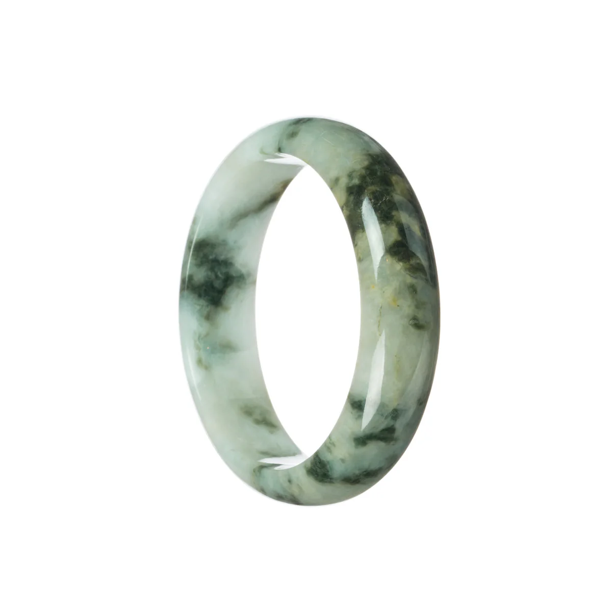 Genuine Grade A White with deep green flower Traditional Jade Bangle Bracelet - 58mm Semi Round
