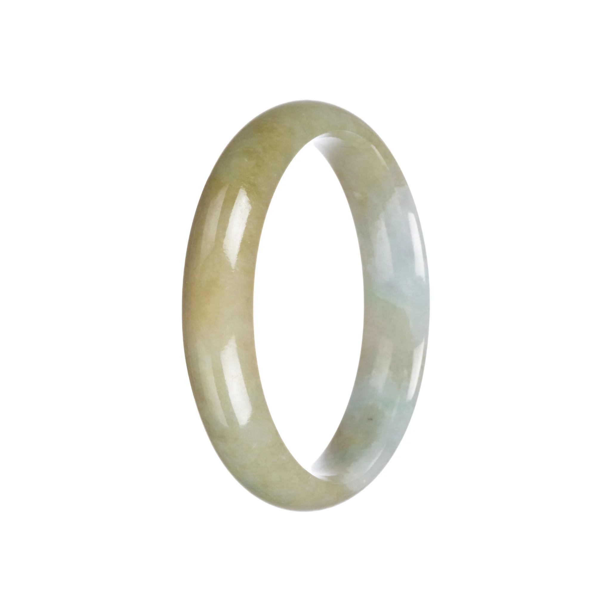 Certified Grade A Brownish Olive Green with White Patch Jadeite Jade Bangle Bracelet - 59mm Half Moon - Image 3